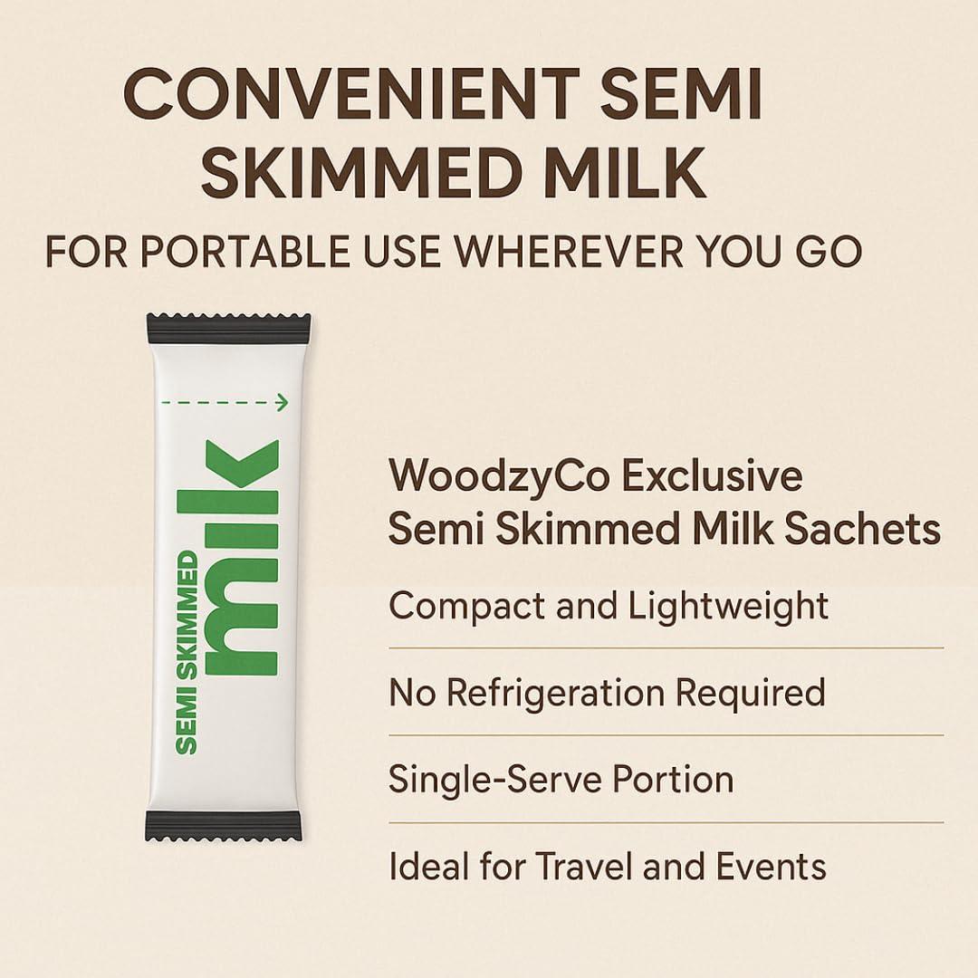 WOODZYCO Milk Sachet Bundle 50 x UHT Semi Skimmed Milk Sticks Long Life Individual Portions for Coffee, Tea, Travel, Hotel, Office WoodzyCo Exclusive