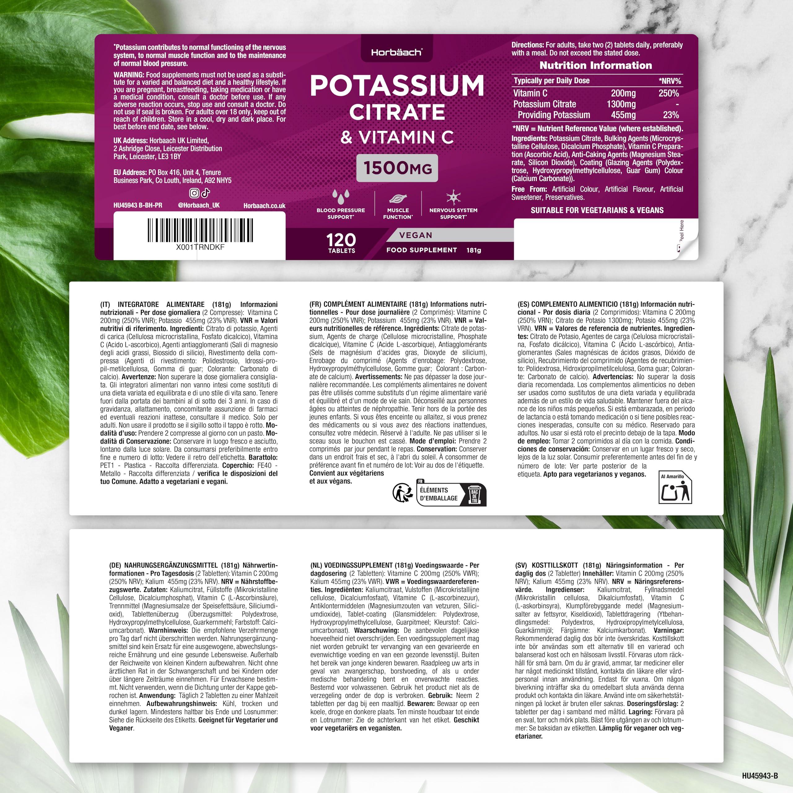 Horbach Potassium Supplement 1500mg with Vitamin C | High Strength Potassium Citrate | Electrolyte Tablets | 120 Count | 100% Vegan | by Horbaach