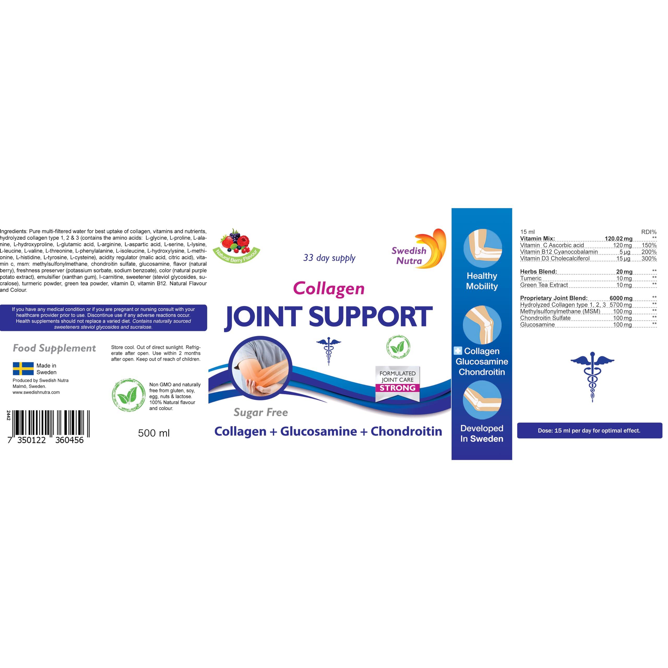 Swedish Nutra Swedish Nutra - Joint Support Collagen - Pack of 500ml, 33 Day Supply | Berry Flavour | with Glucosamine & MSM | 100% Natural Flavour, Sugar & Gluten Free | High Absorption Rate
