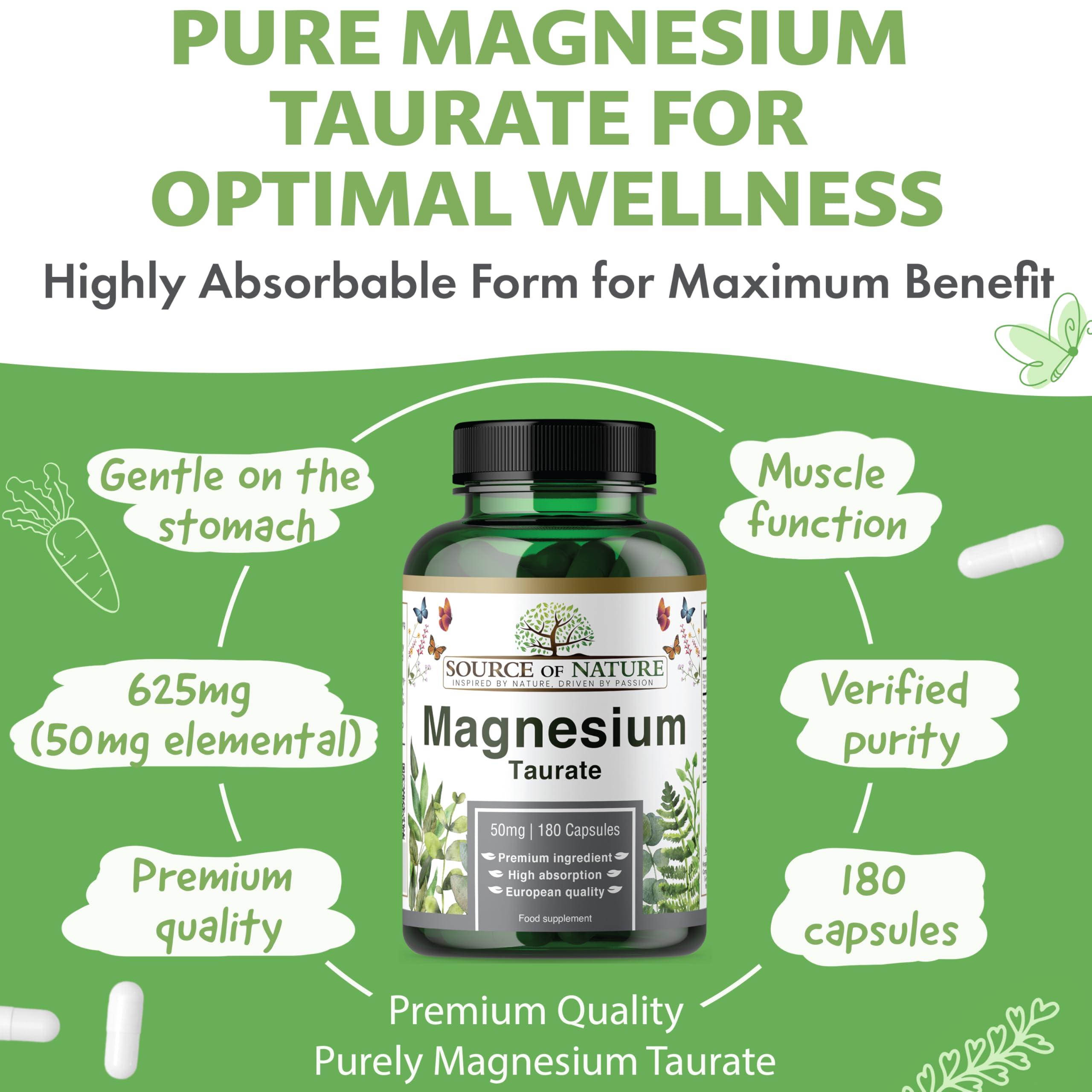 Source of Nature Source of Nature | Magnesium Taurate 625mg | 180 Capsules | 45-Day Supply | 50mg Elemental | High Bioavailability | Easy on The Stomach | Laboratory Tested