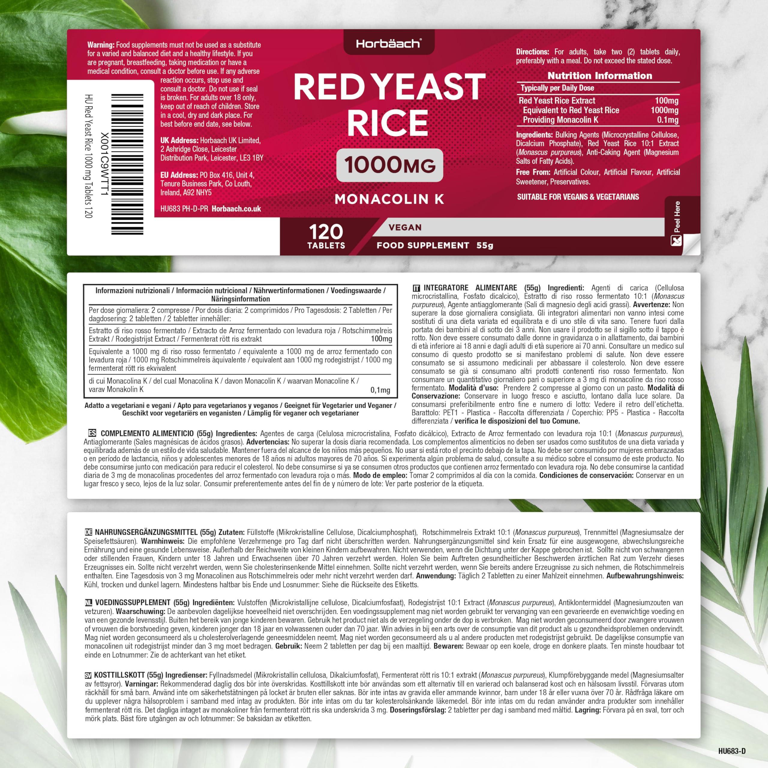 Horbach Red Yeast Rice 1000mg | 120 Vegan Tablets | High Strength Supplement with Monacolin K | No Artificial Preservatives | by Horbaach