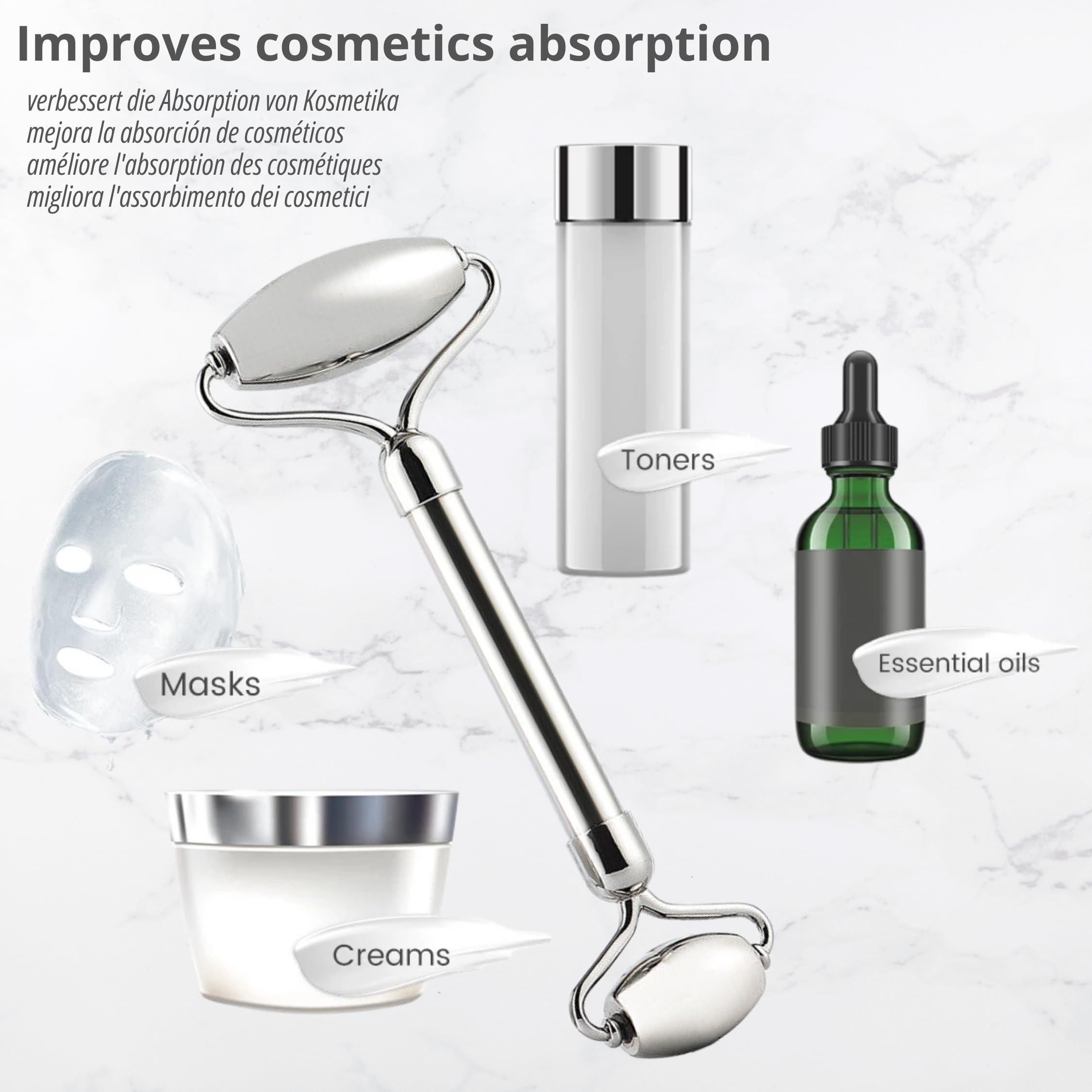 SV life Facial Roller + Gua Sha Stone Set 304 Stainless Steel | Metal Tools Kit for Body Massage, Face, Eyes, Chin, Back, Cellulite Legs | GuaSha Cold Effect Roller