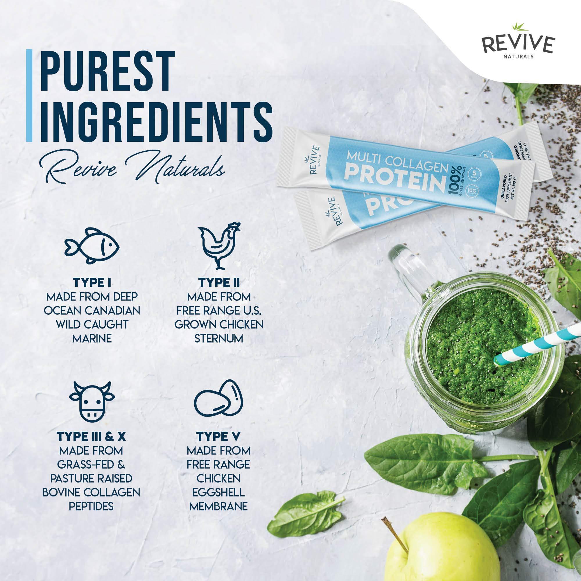 Revive Naturals Multi Collagen Protein Powder Packets - Types I, II, III, V & X - Hydrolyzed Grass Fed Bovine, Wild Caught Fish, & Free-Range Chicken & Eggshell Collagen. Non-GMO, Halal, (10g Each, 40 Packets)