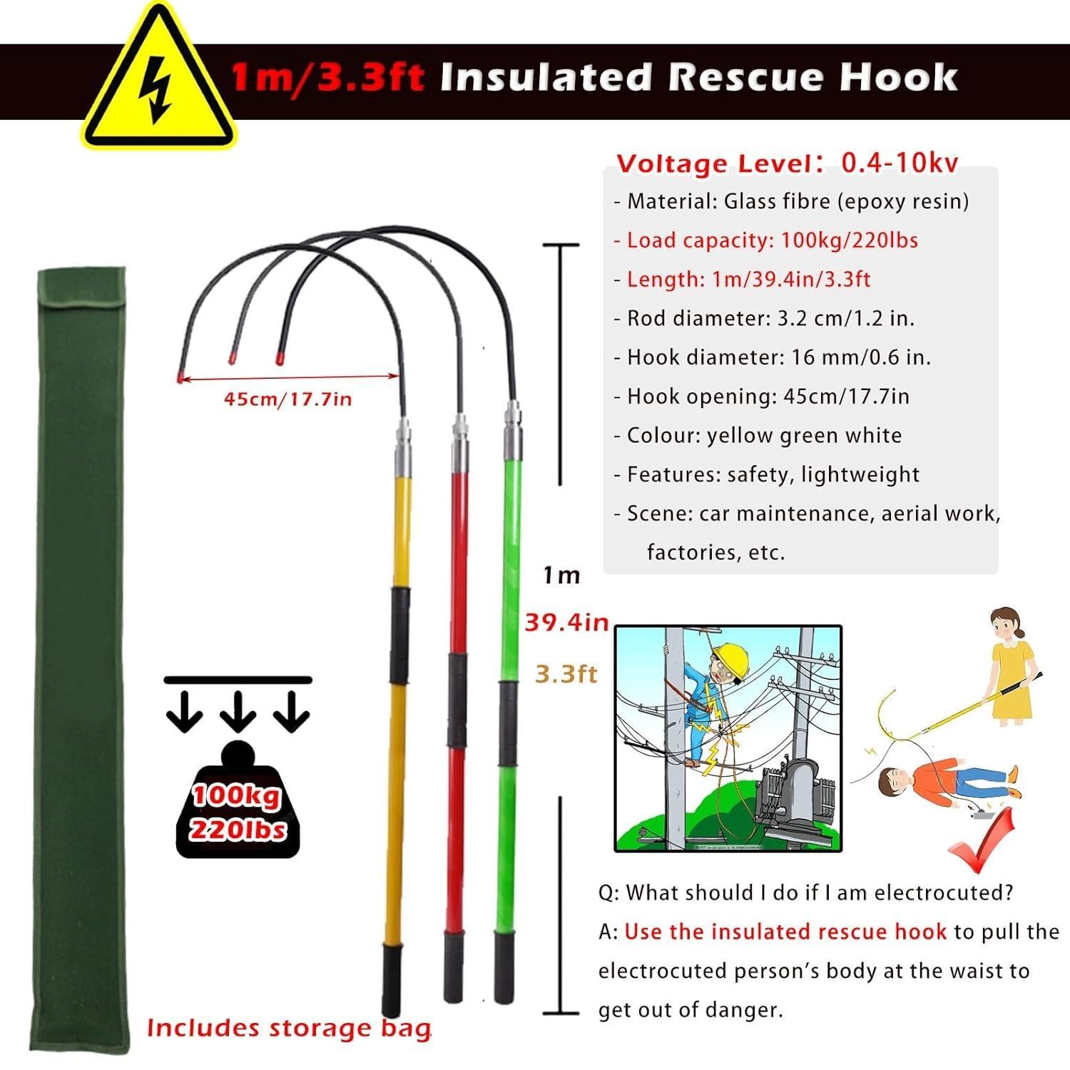 BESTXH BESTXH High Voltage Insulated Rescue Hook, Electrical Safety Rescue Hook Lightweight, 220lb Load Safety Rescue Hook, Detachable Insulated Rescue Hooks, for Electrician Fire,Green,3.3ft/1m