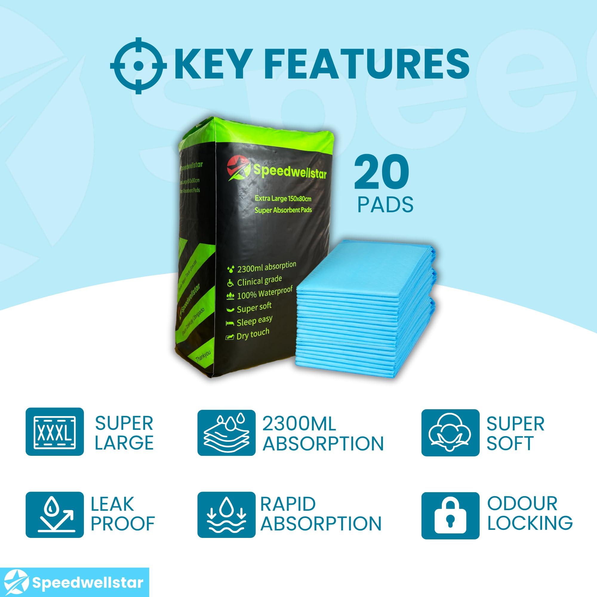 Speedwellstar 150 x 80 cm Extra Large 2300 ml Disposable Incontinence Bed Pads Pack of 20 Super Absorbent Protector Full Size Bed Wee 2300 ml