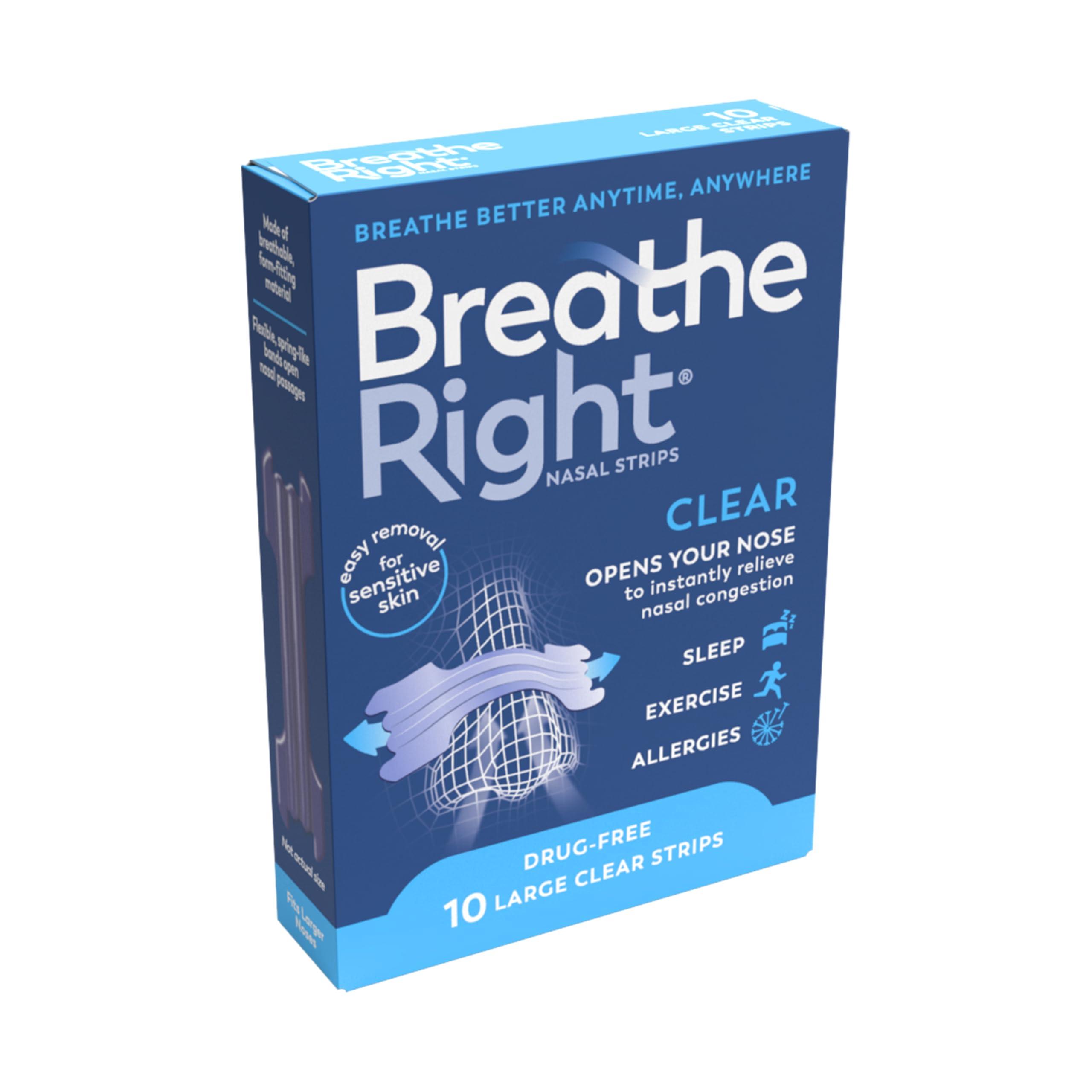 Breathe Right Breathe Right Nasal Strips Clear Large 10s, Instantly Relieves Nasal Congestion, Helps Reduce Snoring, Drug-free, Snoring Aid for Men and Women, 10 Count (Pack of 1)