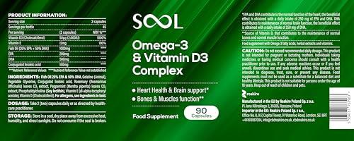 SOOL SOOL Omega-3 & Vitamin D3 Complex Soft Gels, 90 Capsules I 20% EPA & 50% DHA I Two-a-Day Omega-3 Supplement I Vitamin D3 2000IU per Serving I High Absorption Formula I Brain Function & Mental Clarity