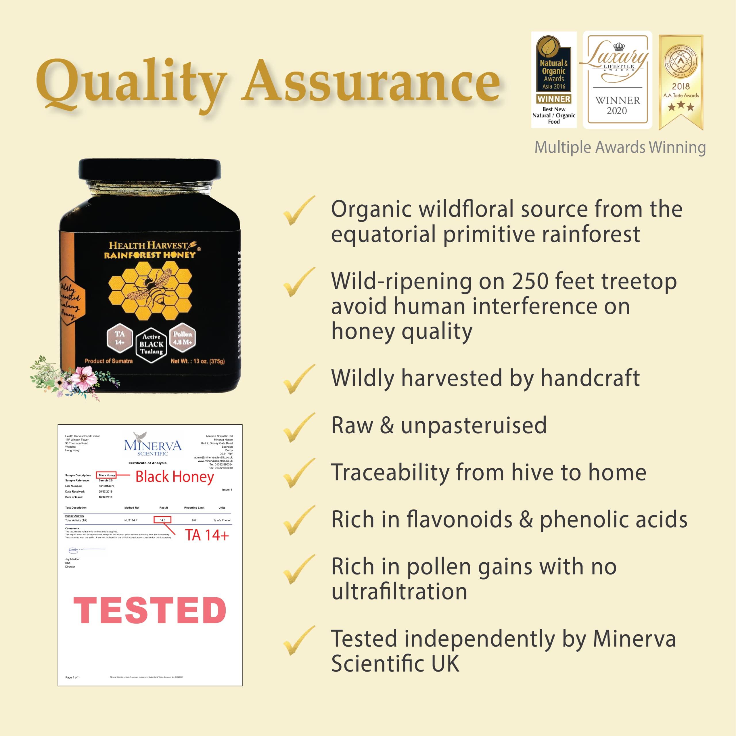 Health Harvest Premium Tualang Black Honey 375g (TA 14+, Pollen Count 4.8M+, Pollen Variety 150+) Intense Choice for Men Preservation, Wild-ripening on 250ft Treetop, Raw, Unpasteurised, Unfiltered