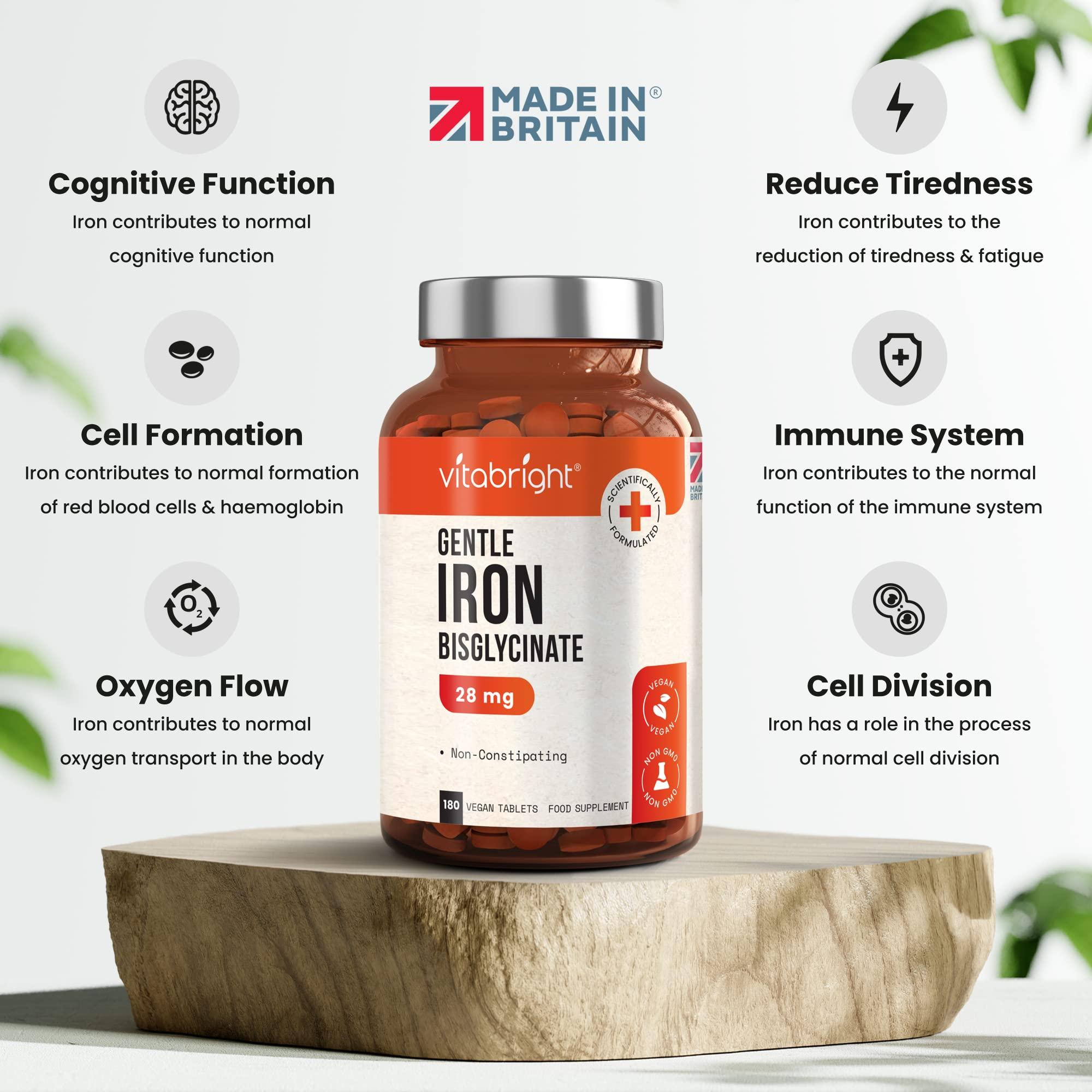 VitaBright Gentle Iron Tablets High Strength 28mg Vegan Iron Tablets Women & Men, Chelated (Organic) Iron Supplements for Women & Teens, Energy Tablets for Tiredness, VitaBright Strong Iron Bisglycinate