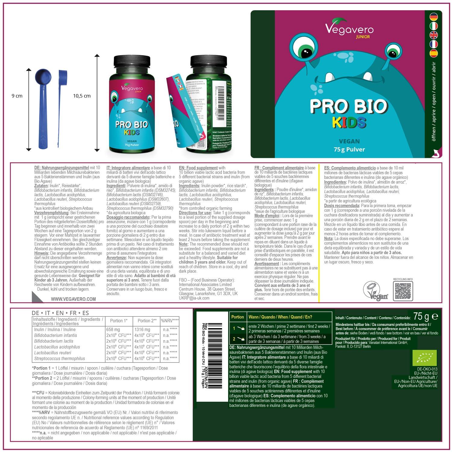 Vegavero Organic Probiotics for Kids Vegavero | NO Additives | Organic Prebiotic Inulin and 5 Bacterial Strains with 10 Billion CFU | for Children 3+ Years | 75g Powder | Spoon Included