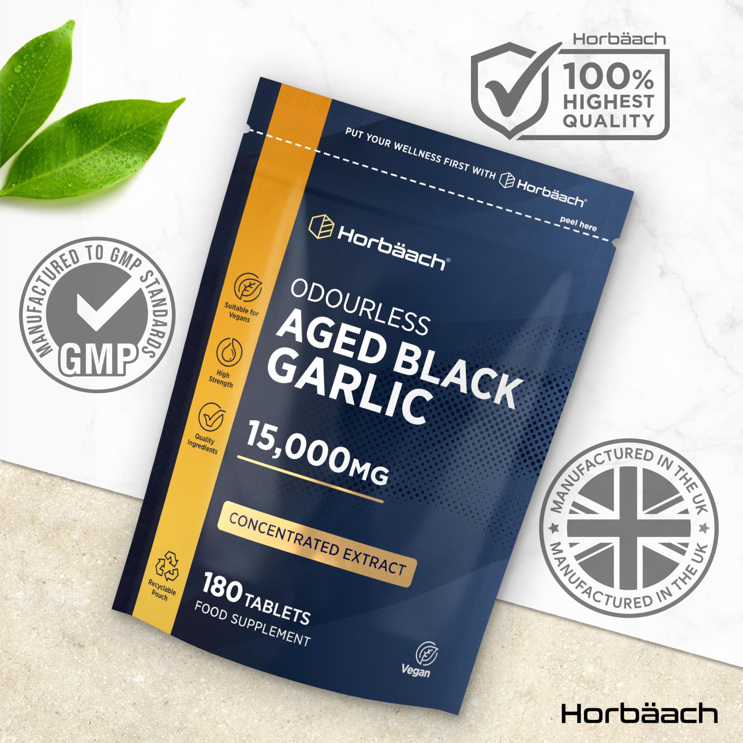 Horbach Black Garlic Tablets 15000mg | 180 Count | High Strength Odourless Concentrated Garlic Extract | Aged Black Garlic Vegan Supplement | by Horbaach