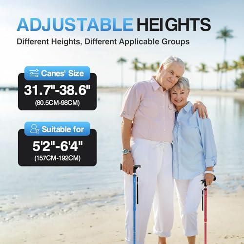 BeneCane BeneCane Walking Cane for Women Folding Cane for Men with Two Led Lights Quad Cane with Stable Base Lightweight and Adjustable Walking Stick (Blue)