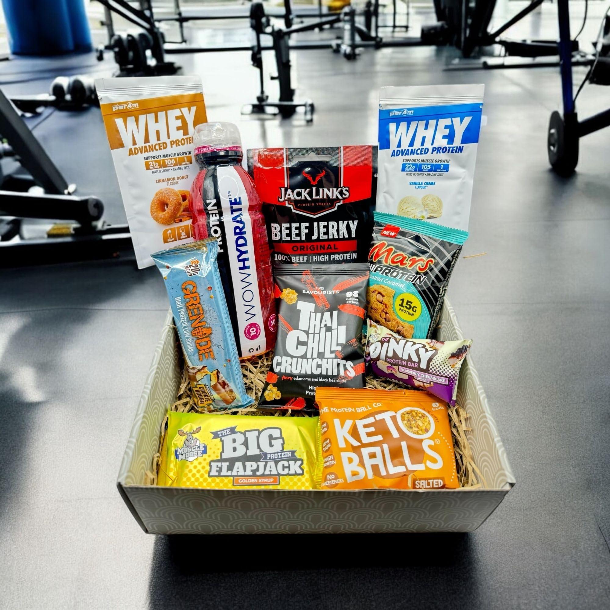 A Amousa Protein Hamper-Protein Gift Set & Fitness Hamper Including Protein Bar, Protein Powder & More! This Protein Box Is A Great Gym Gifts for Men&Women! Protein Gifts for Men,Women & Gifts for Gym Lovers!