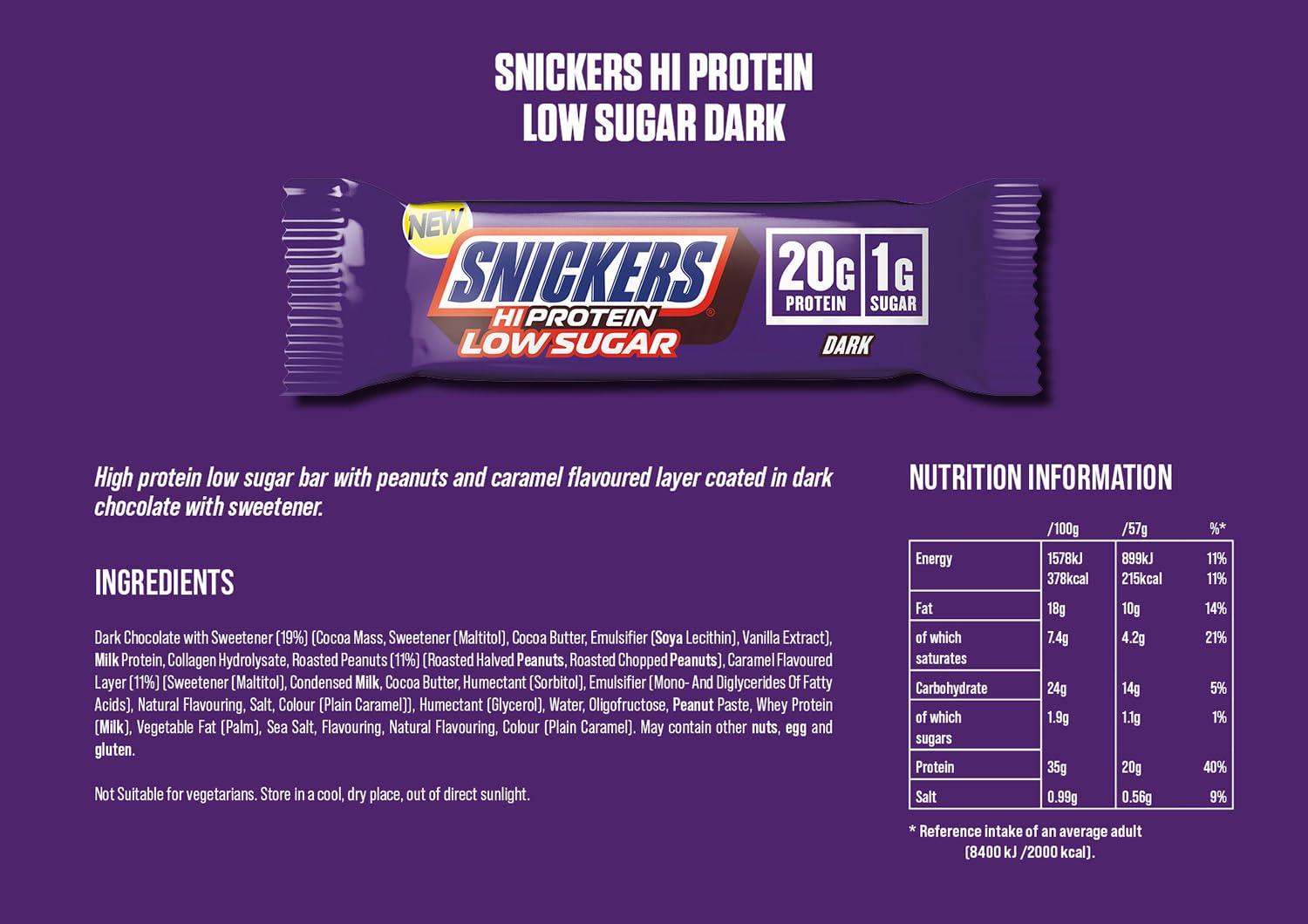 Snickers Snickers HI Protein, Low Sugar Bars, Only 1g of Sugar per bar - Dark Chocolate, 12 x 57g Box, 20g Protein