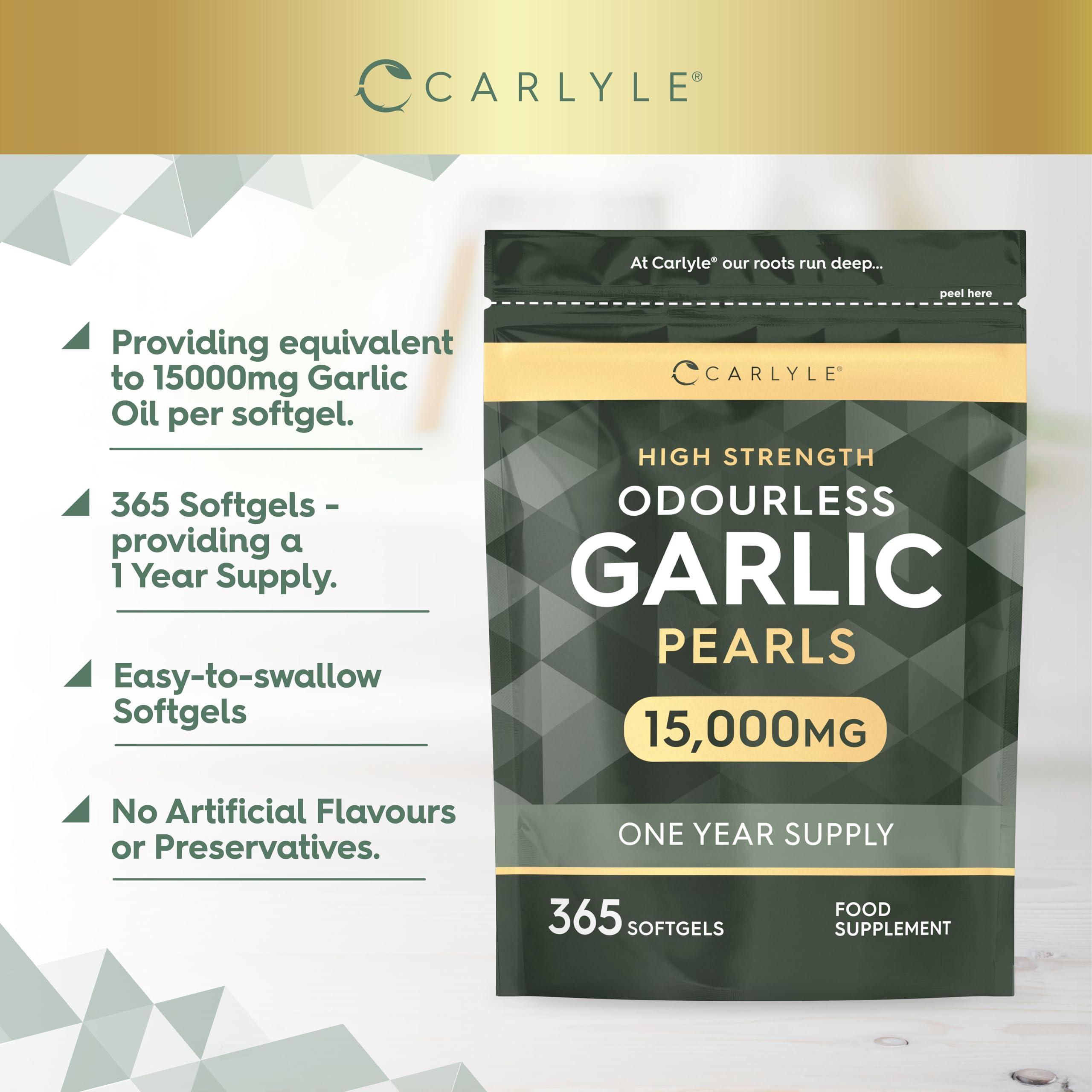 Carlyle Odourless Garlic Capsules 15,000mg | 365 Count (1 Year Supply) | High Strength Garlic Oil Pearls with Allicin | No Artificial Preservatives | by Carlyle