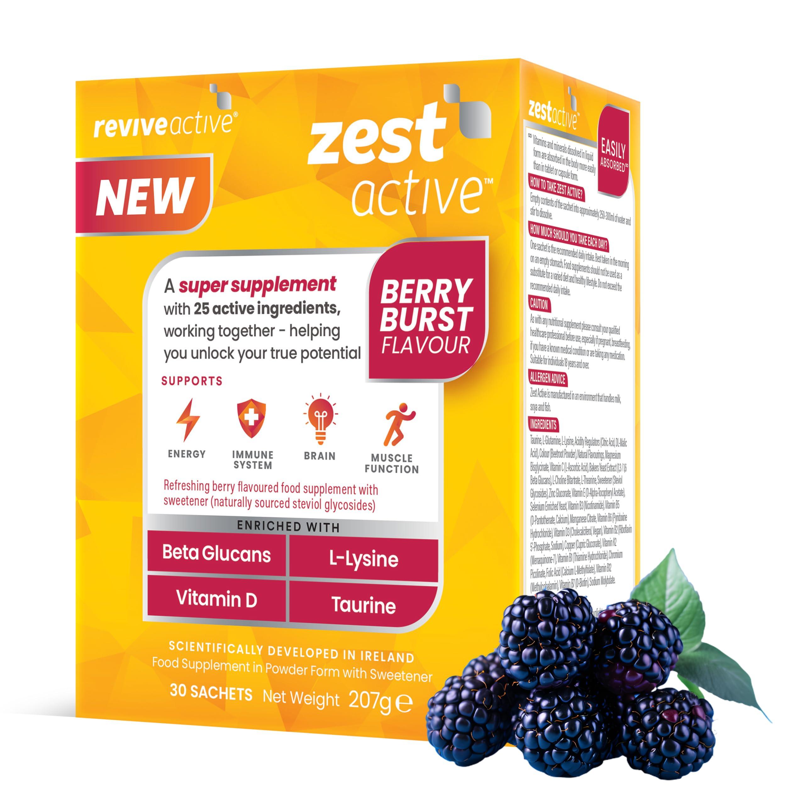 Revive Active Zest Active Super Supplement by Revive Active - Advanced 25 Ingredients in One Daily Sachet - Everyday Boost Supports Energy, Immune System, Brain & Muscle Function - 30 Day Supply