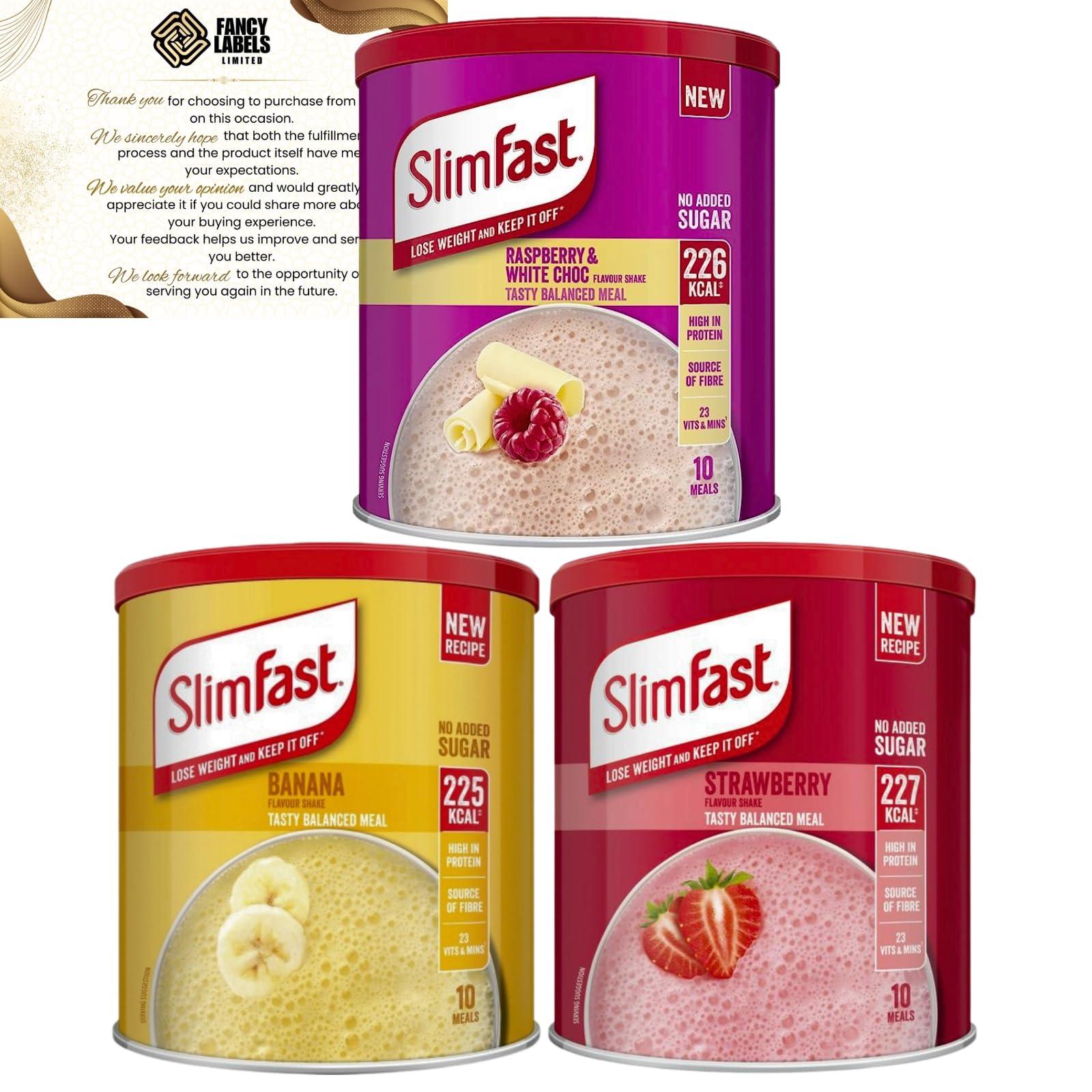 Fancy Labels Meal Replacement Slimfast Strawberry, Banana And Raspberry & White Chocolate Meal Shake Powder 365g 10 Servings | High in Protein, Source of Fibre, Healthy Shake for Balanced Diet Plan