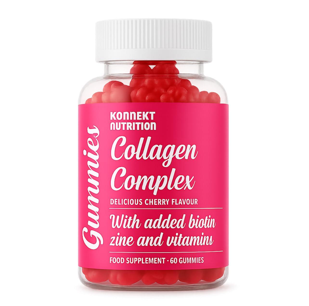 K - KONNEKT Marine Collagen Gummies - Hydrolysed Collagen Peptides with Zinc, Biotin and Folic Acid - Collagen Supplement for Men & Women - 60 Gummies for Hair, Skin, Nails & Joints - with Vitamin A, C & E