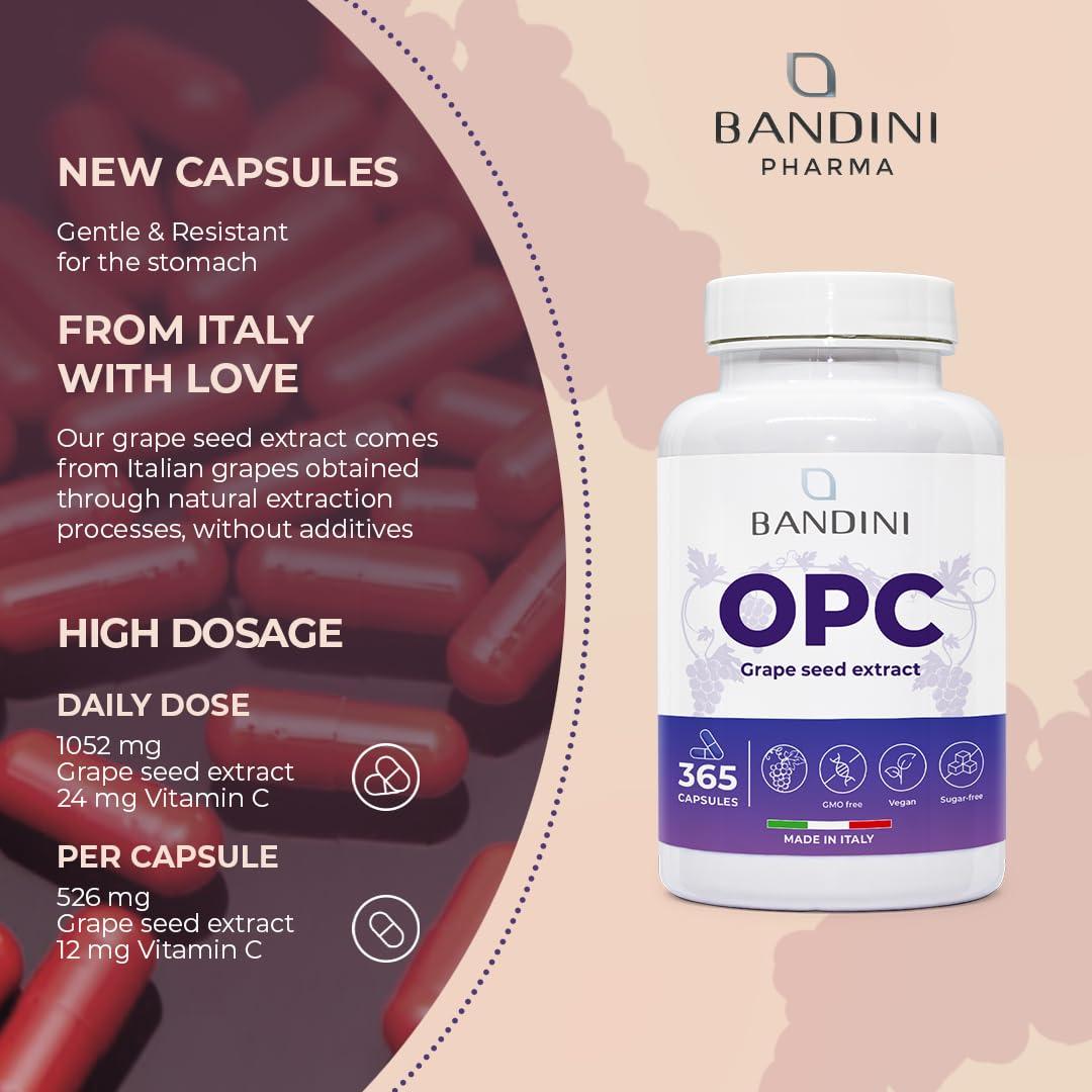 BANDINI Bandini OPC Supplement (95%) Grape Seed Extract | 1076mg OPC + Vitamin C | 365 Capsules | High Strength Antioxidant | Pure Oligomeric Proanthocyanidin 95% from Italian Grapes | Highest HPLC Content