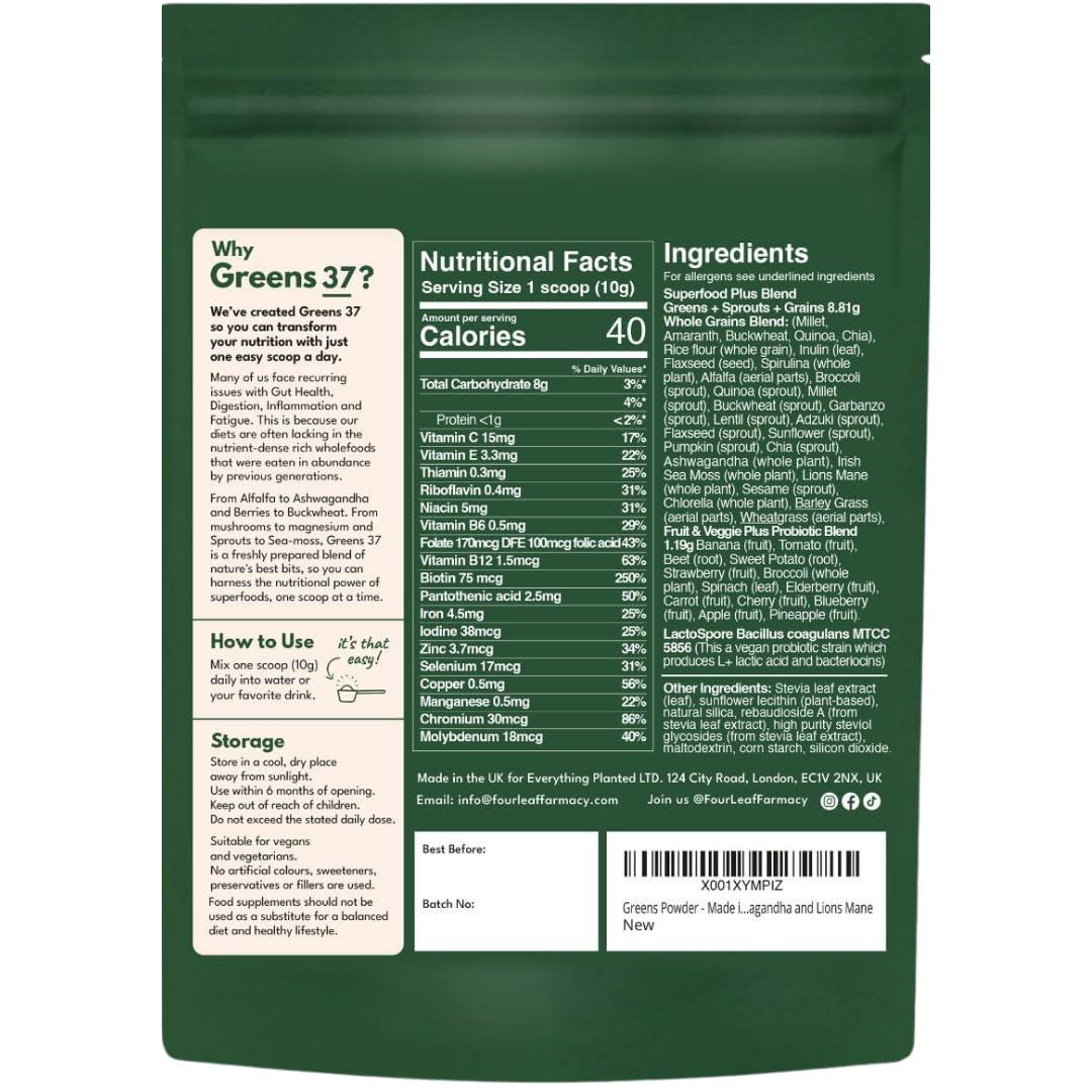 Four Leaf Farmacy Greens Powder - Made in UK with 37 superfoods - 300g High Dosage Servings - Vegan Gluten Free Greens Powder- Daily Vitamins, probiotics for Gut Health - with KSM-66 Ashwagandha and Lions Mane