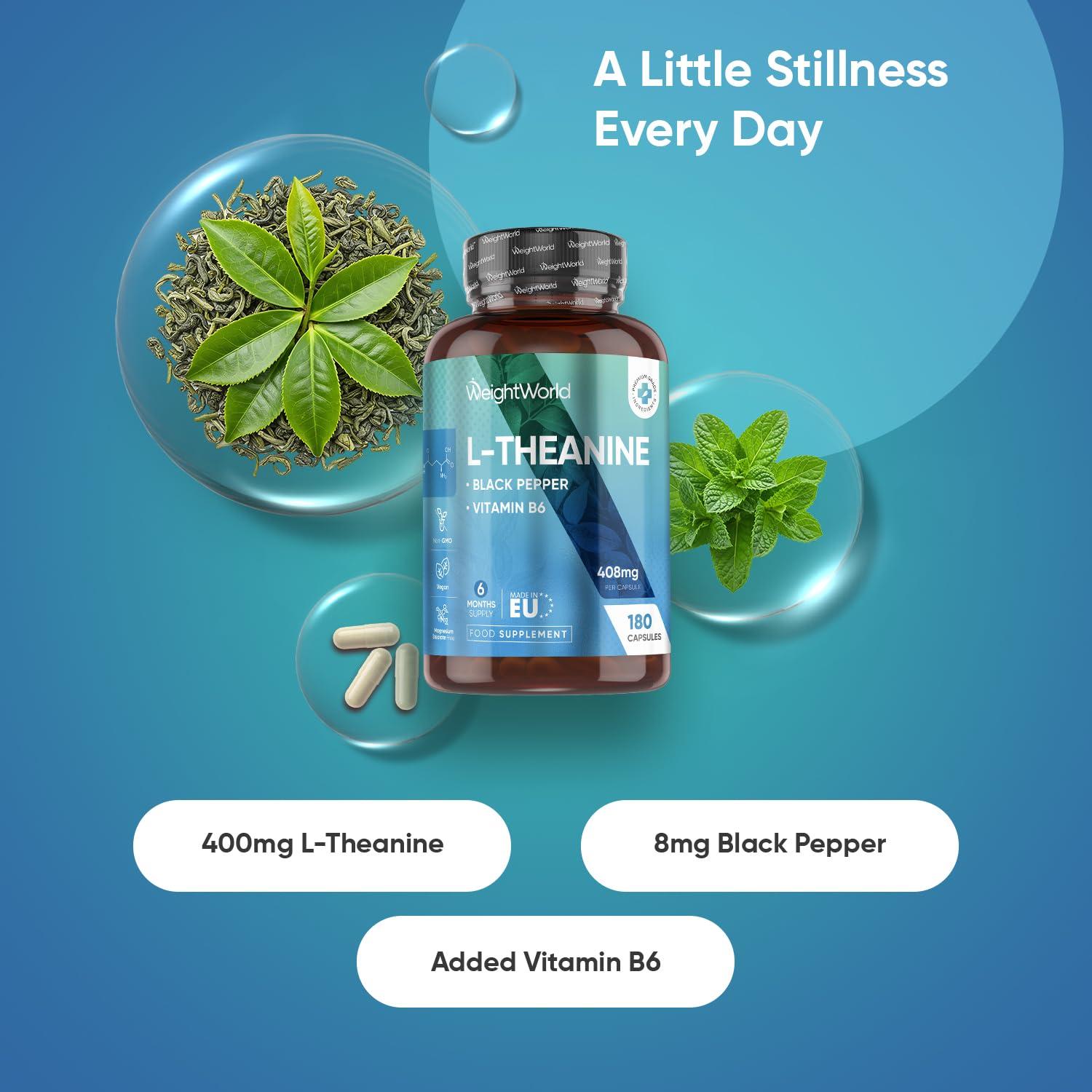 WeightWorld L Theanine with Lemon Balm 500mg - 180 Vegan Capsules - Natural Nootropics L-Theanine Supplements - High Strength L-Theanine Capsules - 6 Months Supply - Alternative to Coffee - Non GMO & Gluten Free