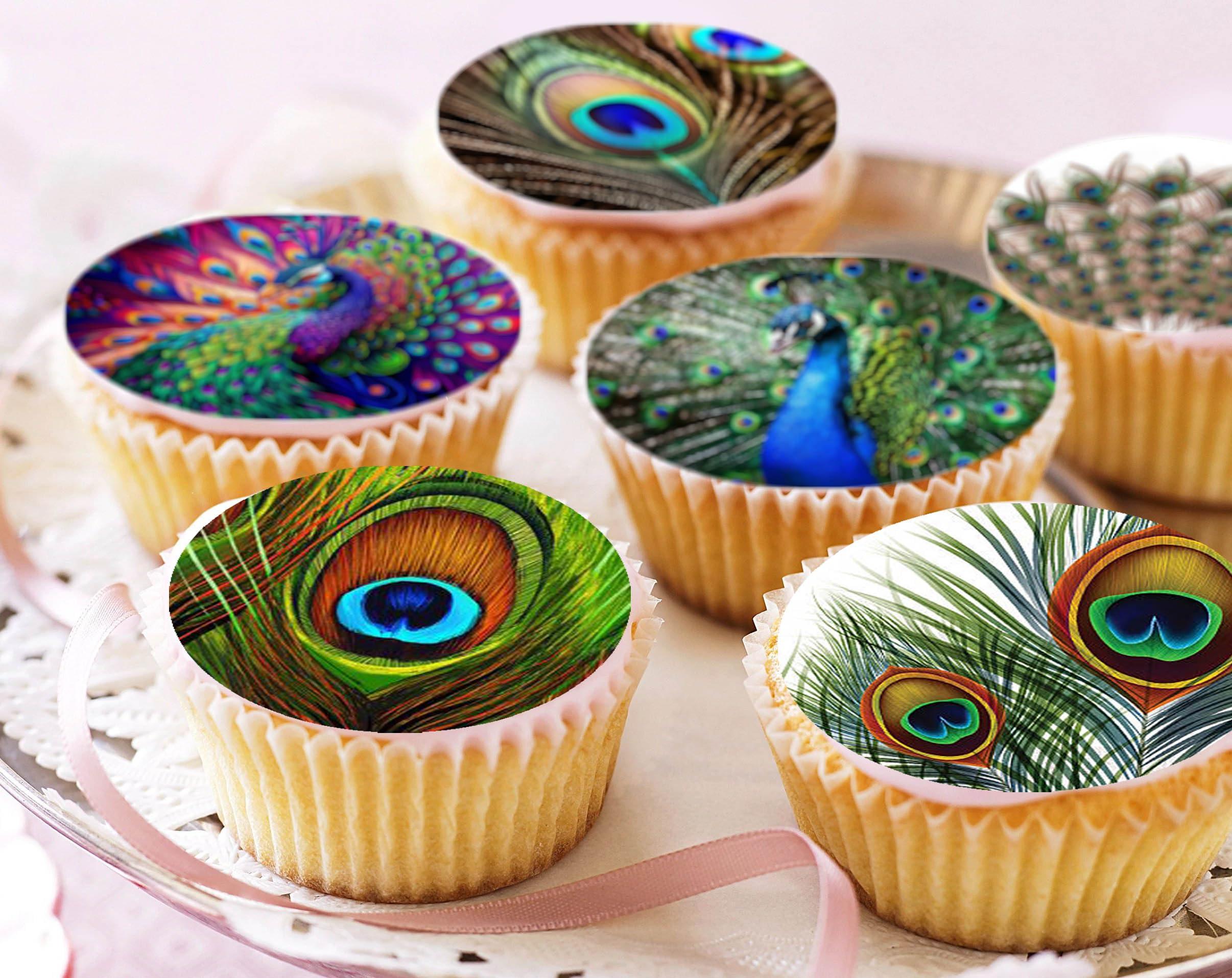 Anglesit 24 x Pre-Cut Peacock 1 Edible Stand up Wafer Paper Cupcake Toppers Cake Decorations Birthday Party Peafowl Feather Bird