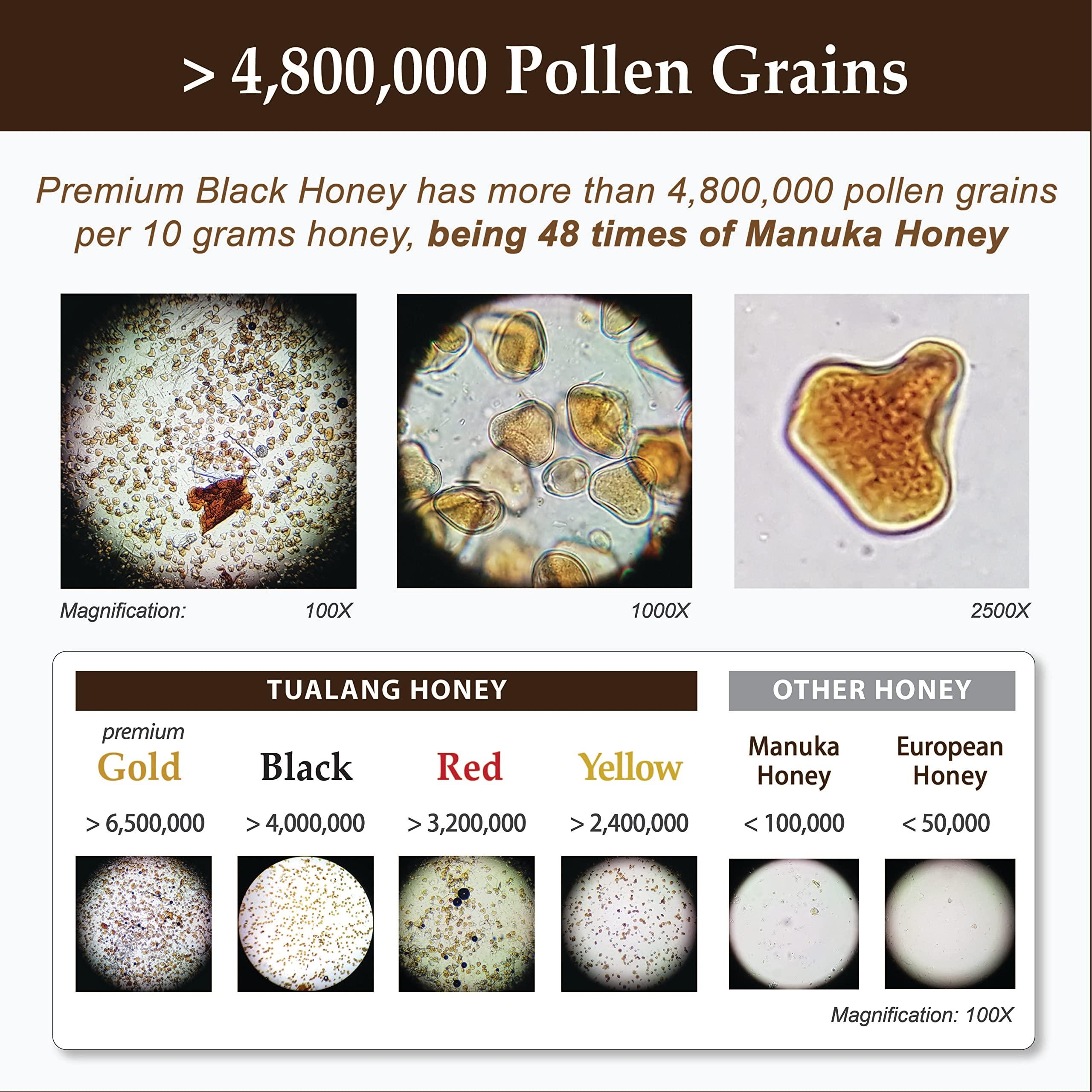 Health Harvest Premium Tualang Black Honey 375g (TA 14+, Pollen Count 4.8M+, Pollen Variety 150+) Intense Choice for Men Preservation, Wild-ripening on 250ft Treetop, Raw, Unpasteurised, Unfiltered