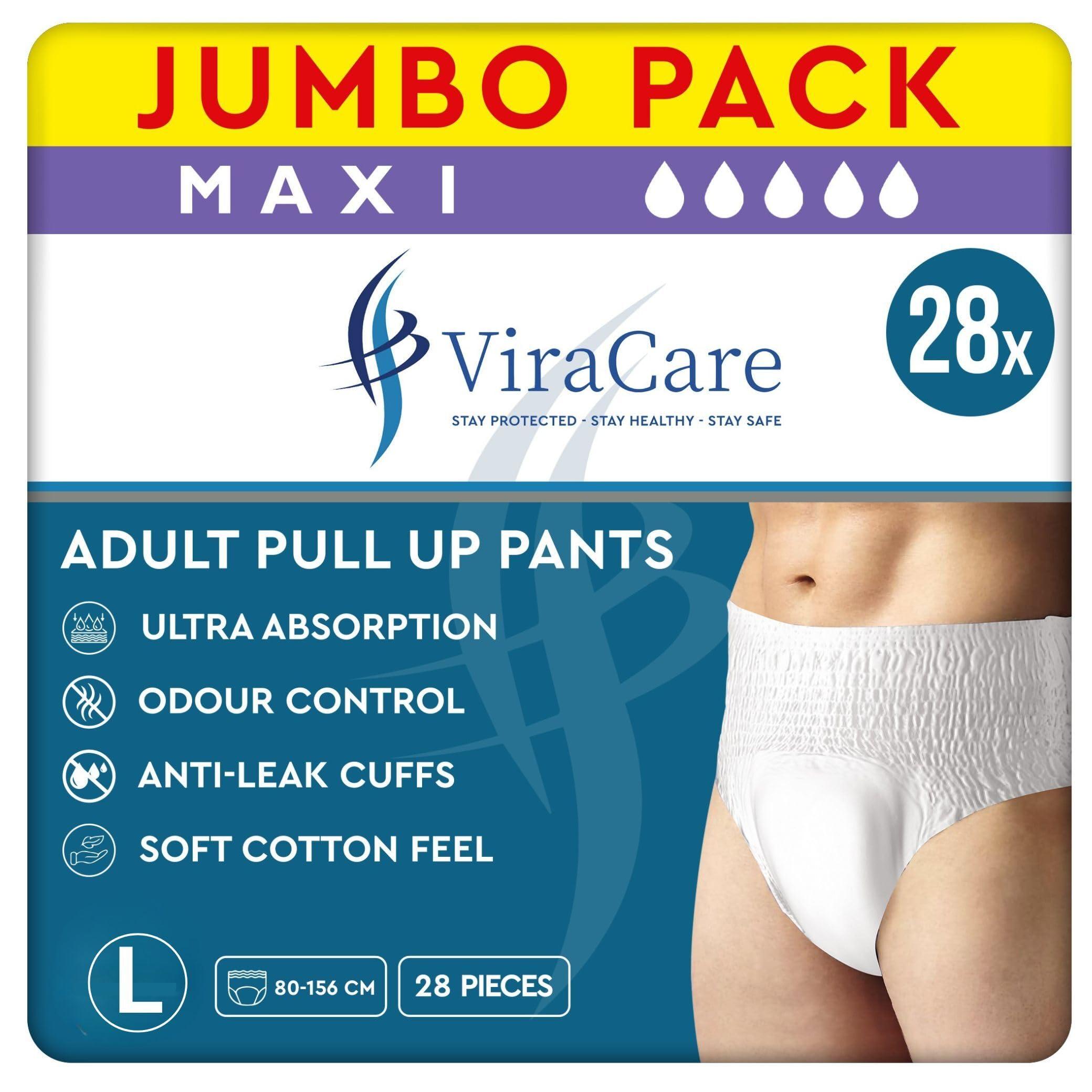 ViraCare 28 x Incontinence Maxi Pants Women and Men | Adult Pull Ups | Adult Nappies | Maxi Absorbency and Odour Free | Adults Pants | Waist Size Large 80-156 cm | (Large)
