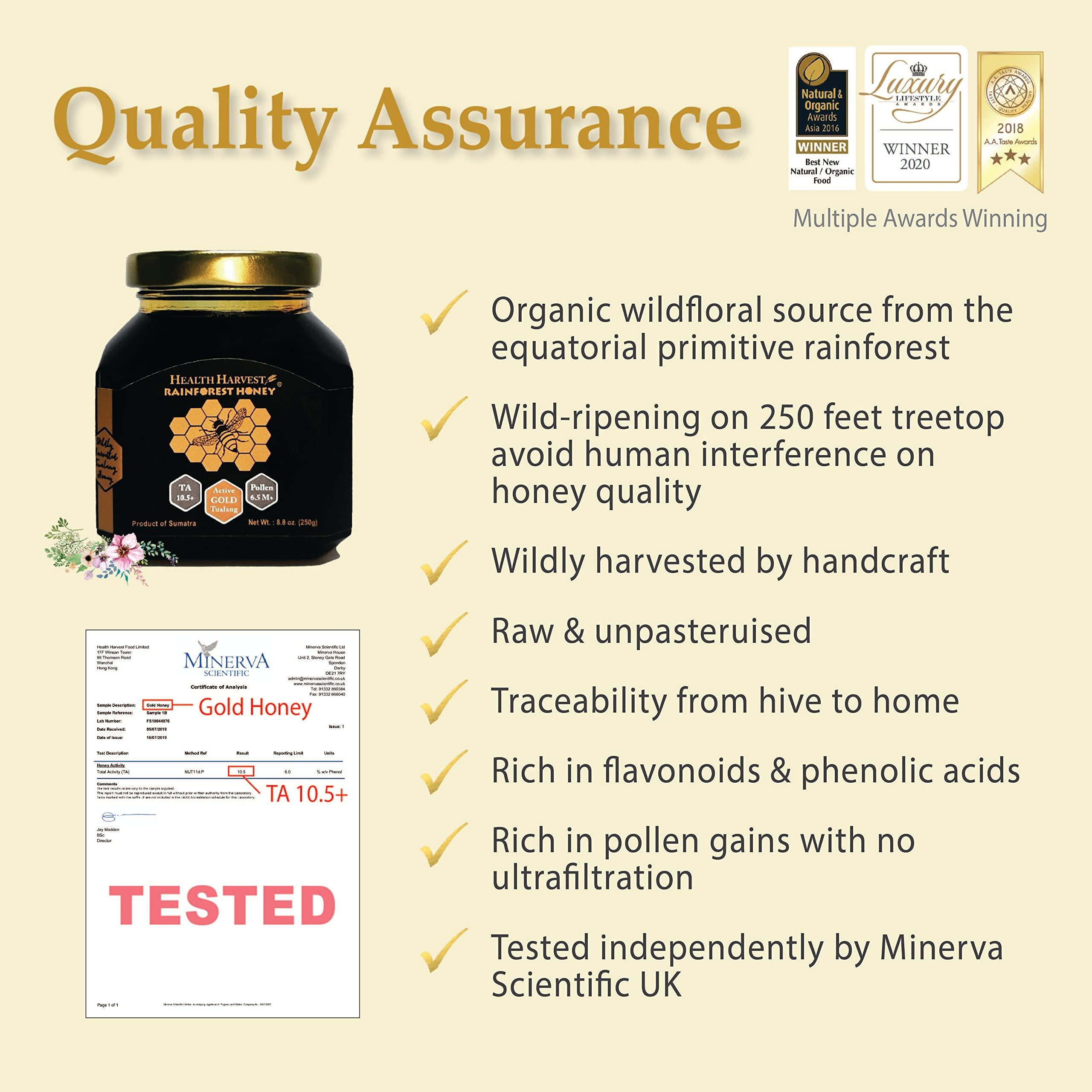 Health Harvest Premium Tualang Gold Honey 50g (TA 10.5+, Pollen Count 6.5M+, Pollen Variety 200+) Supreme Choice for Rehabilitation, Wild-ripening on 250ft Treetop, Raw, Unpasteurised, Unfiltered