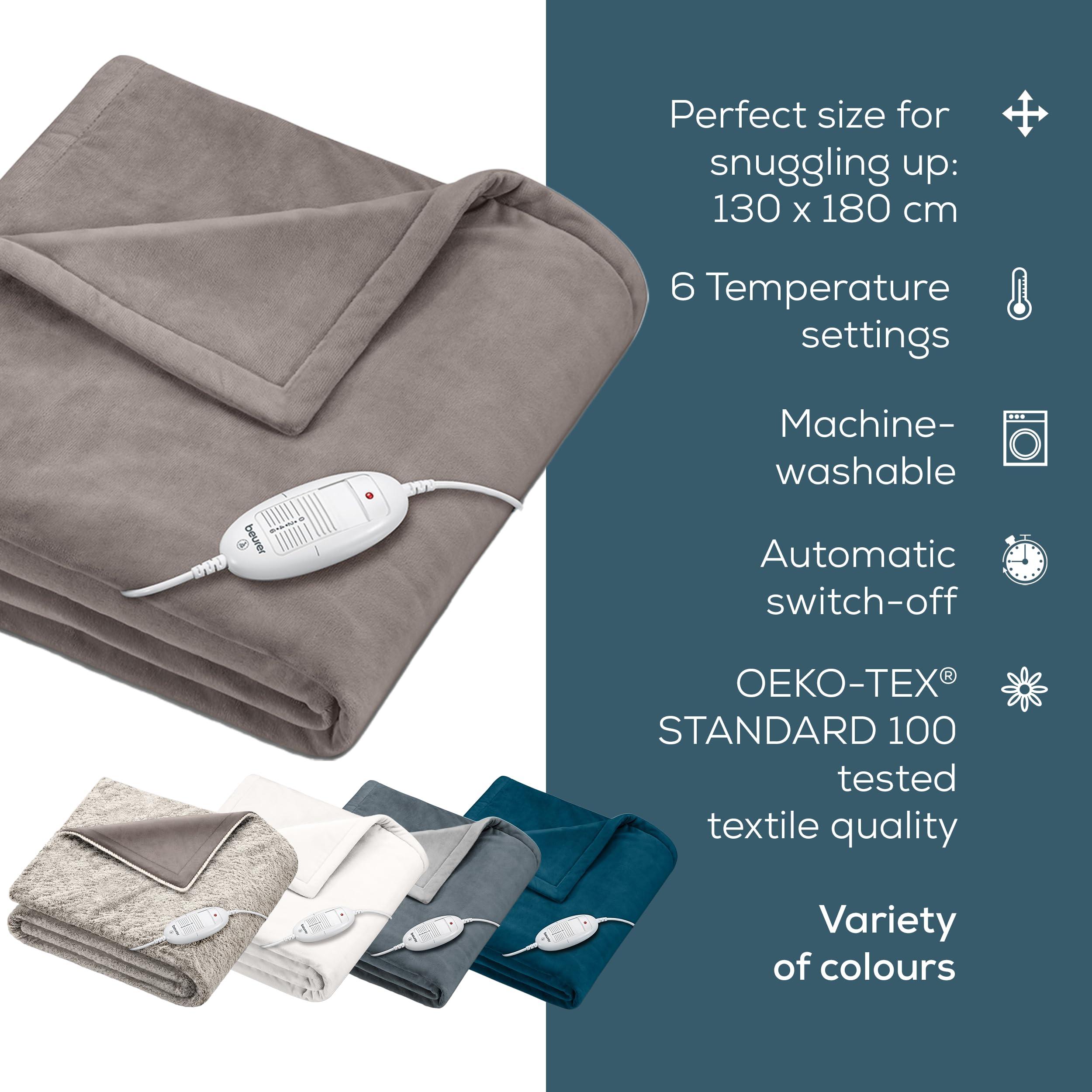 Beurer Beurer HD75 Electric Blanket with 6 Temperature Settings, Soft Heated Throw for Cosy Sofa Nights, Automatic Switch-Off & Safety System, Machine-Washable, Taupe, 180 x 130 cm, 100 watts