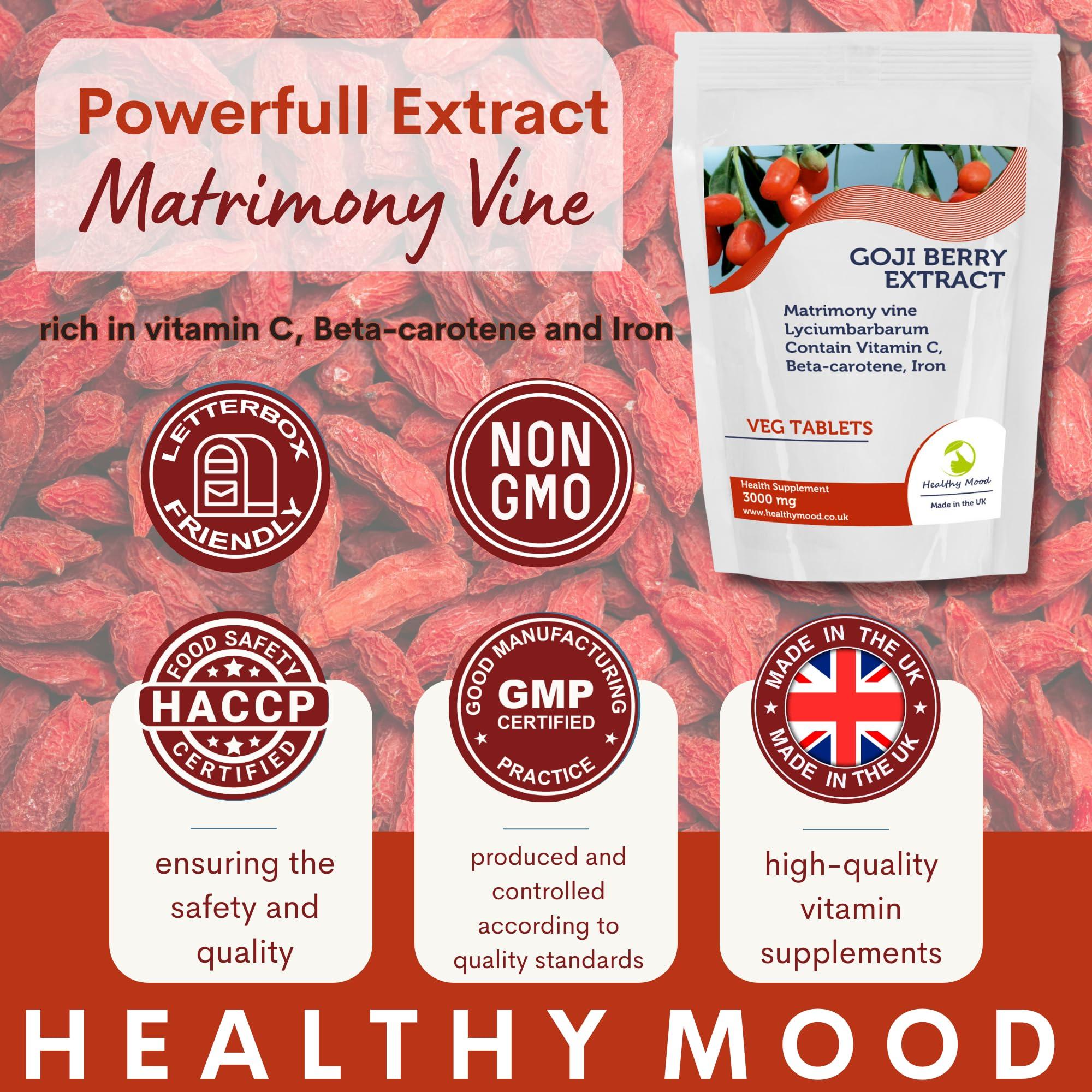 Healthy Mood Goji Berry 60 Tablets High Strength Antioxidant Supplement for Immune Support, Energy & Skin Health 100% Natural