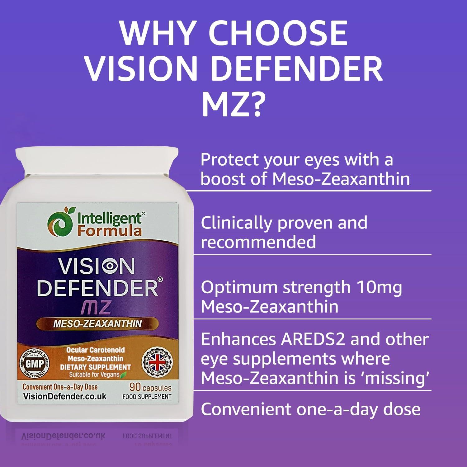 Intelligent Formula Meso Zeaxanthin Supplement - VISION DEFENDER MZ High Strength Eye Vitamins Nutrients & Antioxidant Carotenoid for Ocular Health, Eye Care & Eyesight Support Vegan (90 capsules/One-A-Day) Made in UK