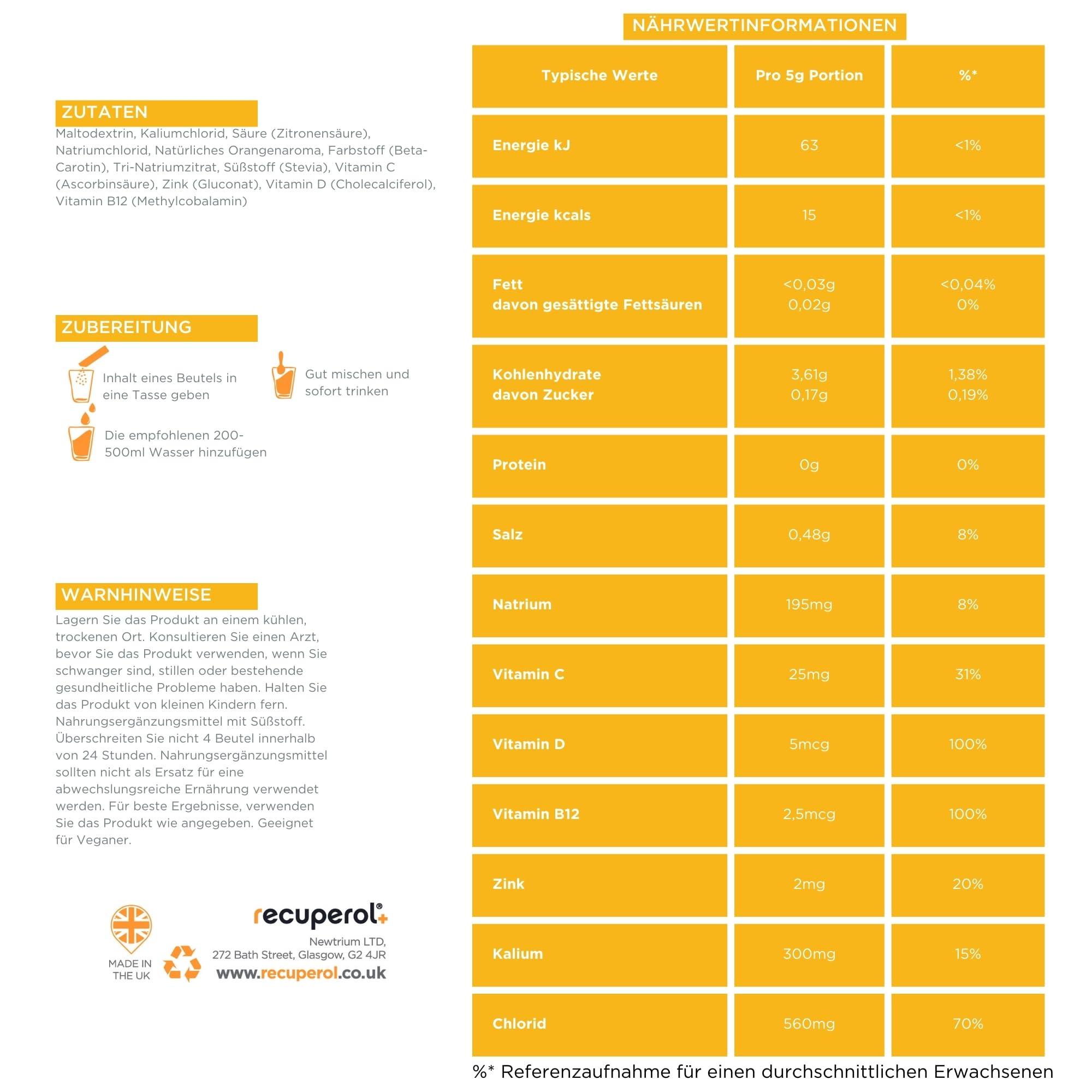 Recuperol Recuperol Electrolytes Sachets | Electrolytes Powder for Rehydration | 20 Sachets | Sugar-Free Hydration Powder | Zinc, Vitamin C, B12, D3, Potassium | Natural Orange Flavour