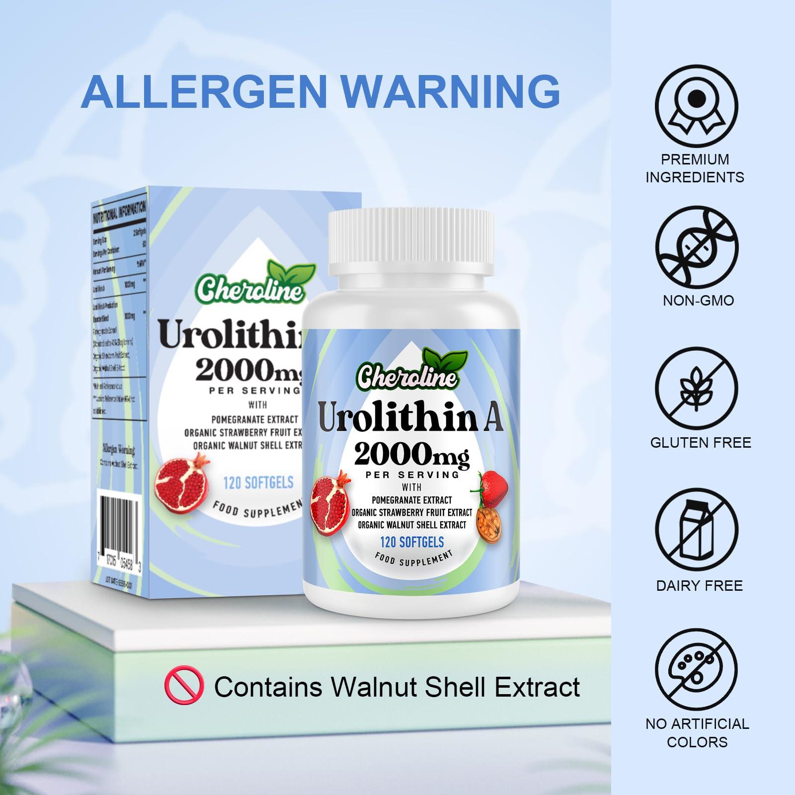 Cheroline Urolithin A Supplement 2000mg - 120 Softgels 60-Day Supply - Enhanced with Pomegranate, Strawberry, and Walnut Extracts - for Mitochondria, Energy, Antioxidants & Cellular (120 Count (Pack of 1))