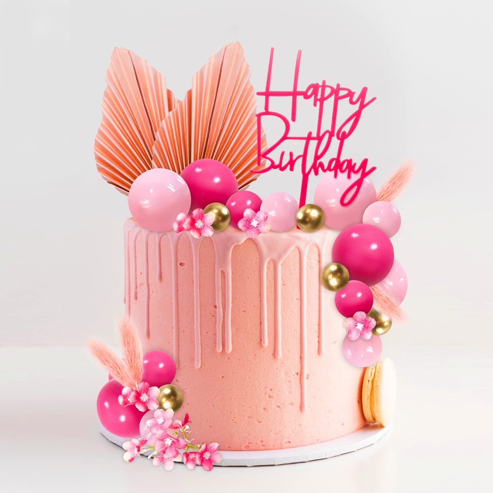 MEMOVAN MEMOVAN 29pcs Flower Boho Cake Topper Ball Cake Decorations Hot Pink Gold Balls Palm Leaves Artificial Plants Cake Decor for Girl Bohemian Hot Pink Princess Theme Wedding Baby Shower Birthday Party