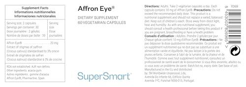 SUPERSMART Supersmart - Affron Eye - Extract of Saffron Stigmas (Crocus Sativus) Standardized to 3% Crocin - Eye Health & Antioxidant Supplement | Non-GMO & Gluten Free - 60 Vegetarian Capsules