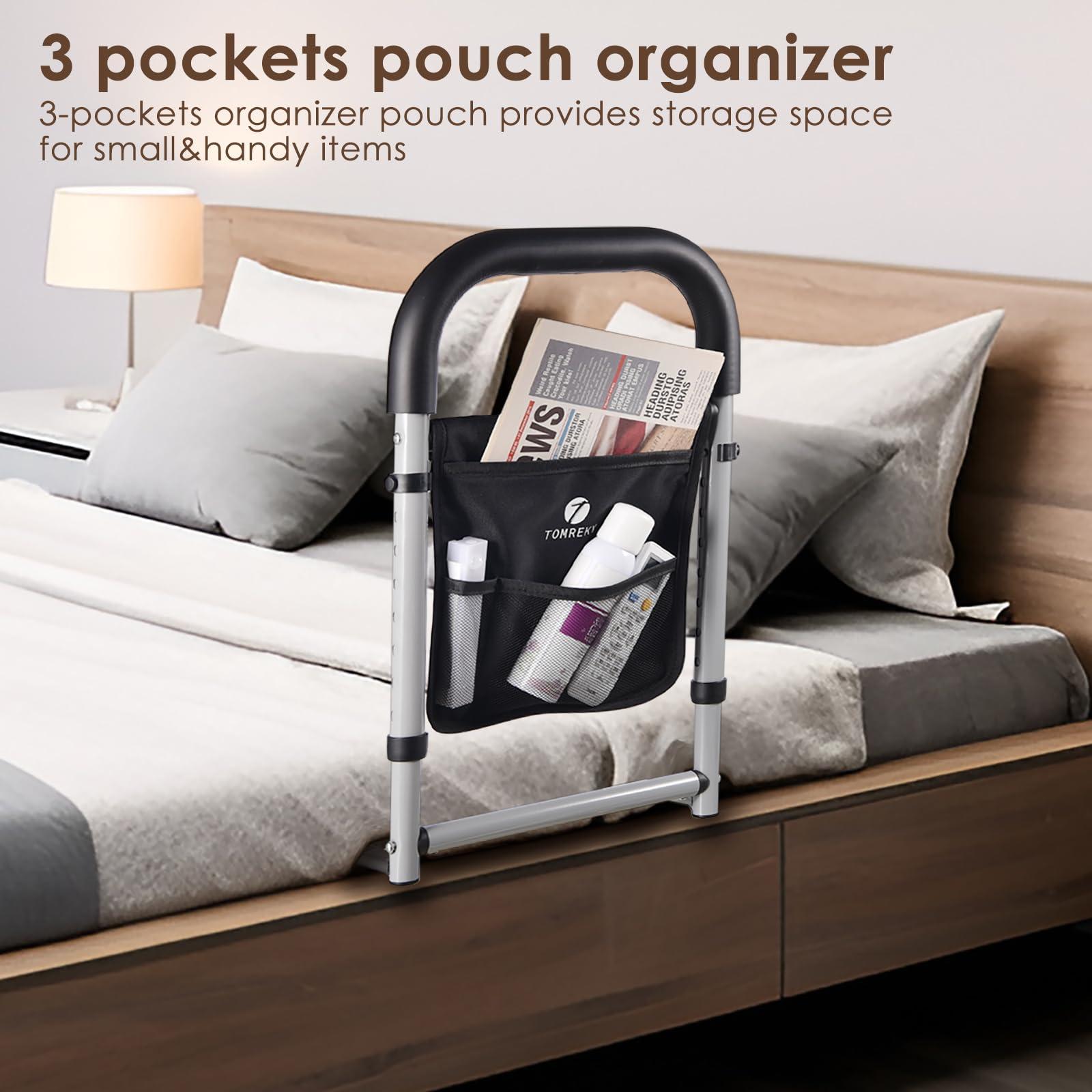 tomreky Bed Rails for Elderly Adults Assist Safety with Motion Light for Seniors Hand Bar Grab with Storage Pocket Patent Stabilizer with Fixing Strap, Support Up to 300lbs Grey