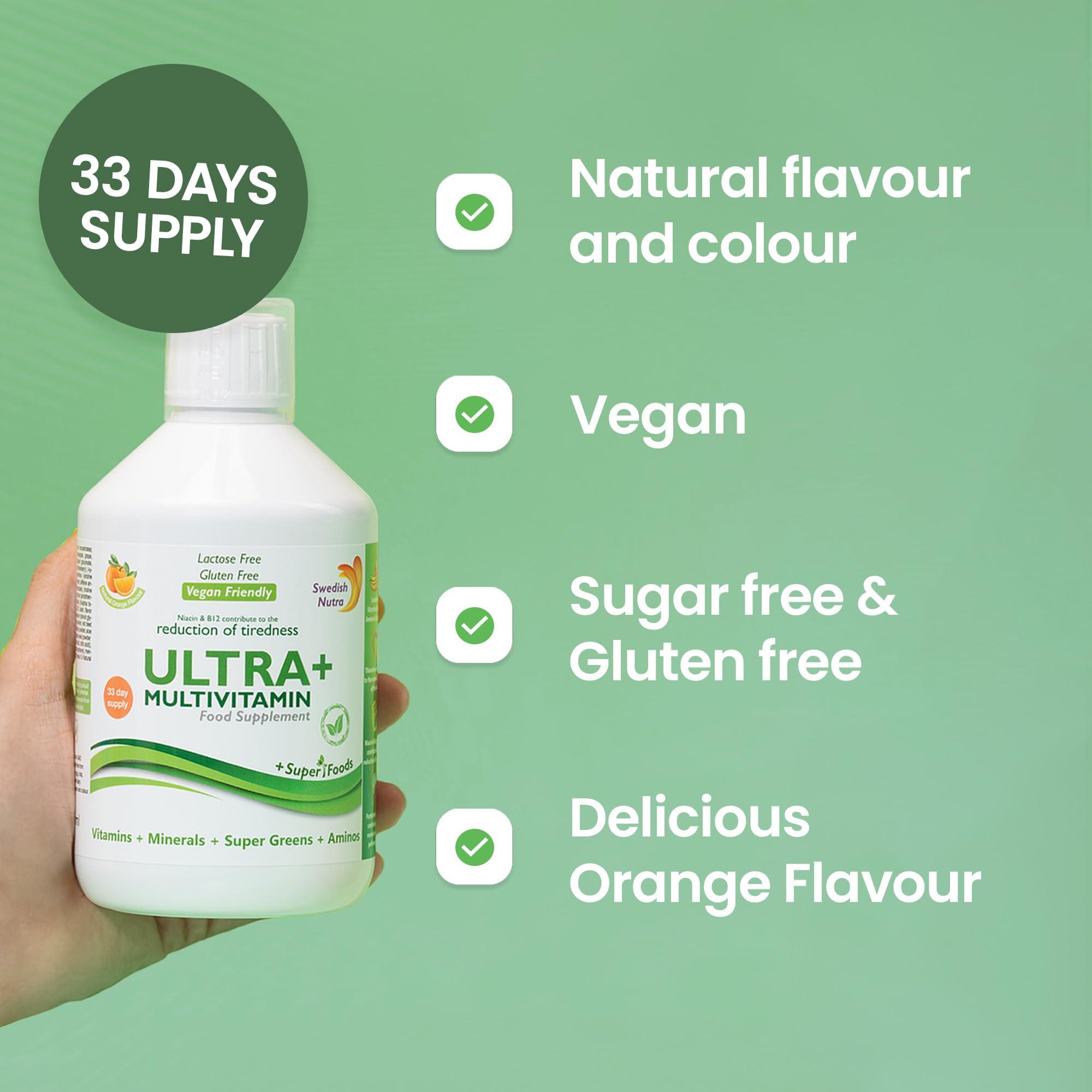 Swedish Nutra Swedish Nutra - Ultra+ Multivitamin Liquid Food Supplement - Pack of 500 ml, 33 Day Supply | Packed with Vitamins, Minerals, Super Greens and Aminos to Boost Energy & Immunity I Natural Orange Flavour