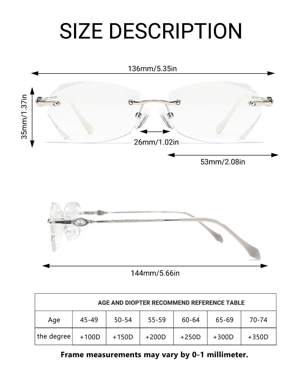 TERAISE TERAISE Frameless Reading Glasses For Women With Blue Light Blocking,Fashion Diamond Cutting Rimless Eyeglasses(4.0X)
