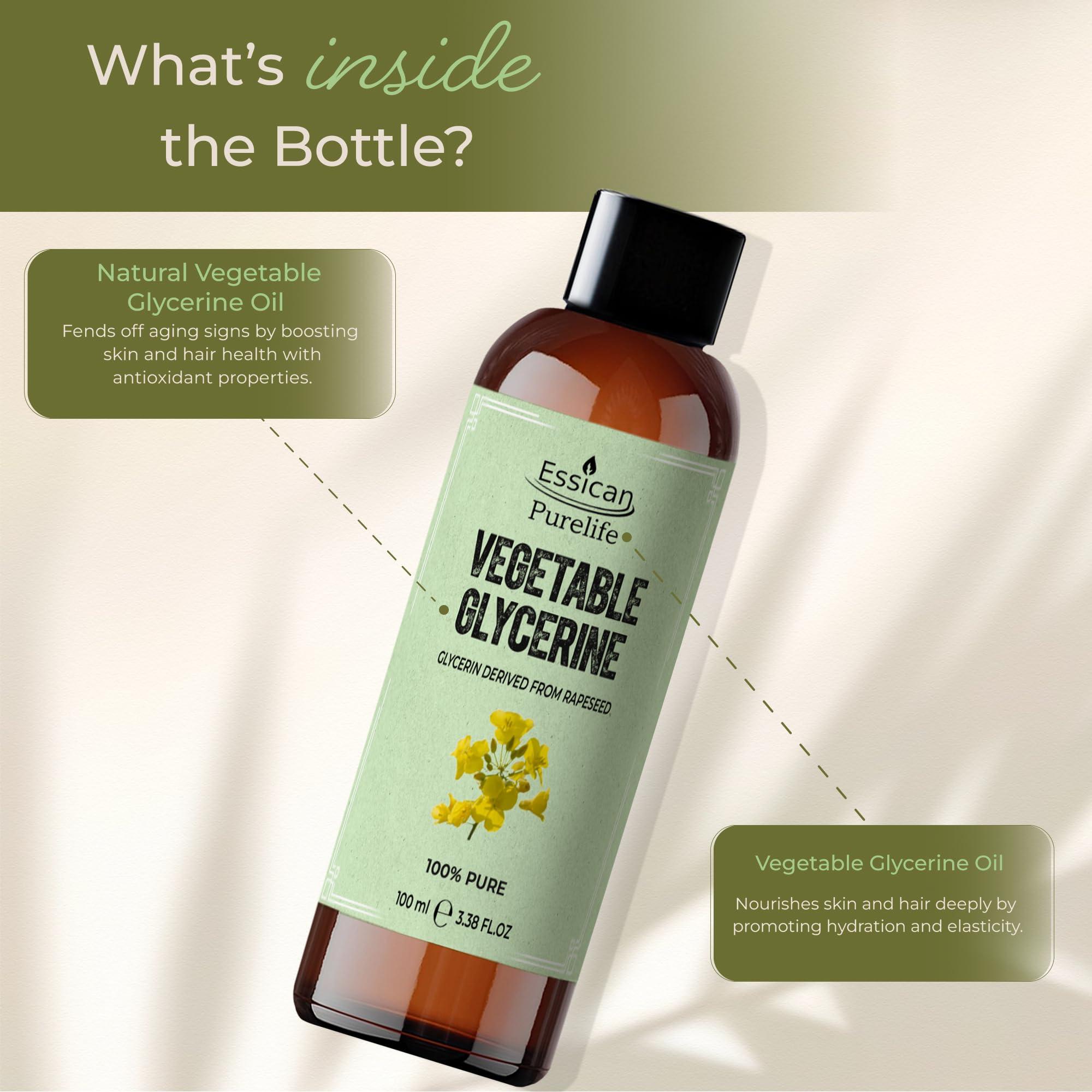 Essican Purelife Vegetable Glycerin for Skin 100ml Vegetable Glycerin for Hair and Face, Glycerine Liquid, Pure Glycerine for Skin, Liquid Glycerin for Skin, Vegetable Glycerine, Glycerin Oil, Pure Glycerine