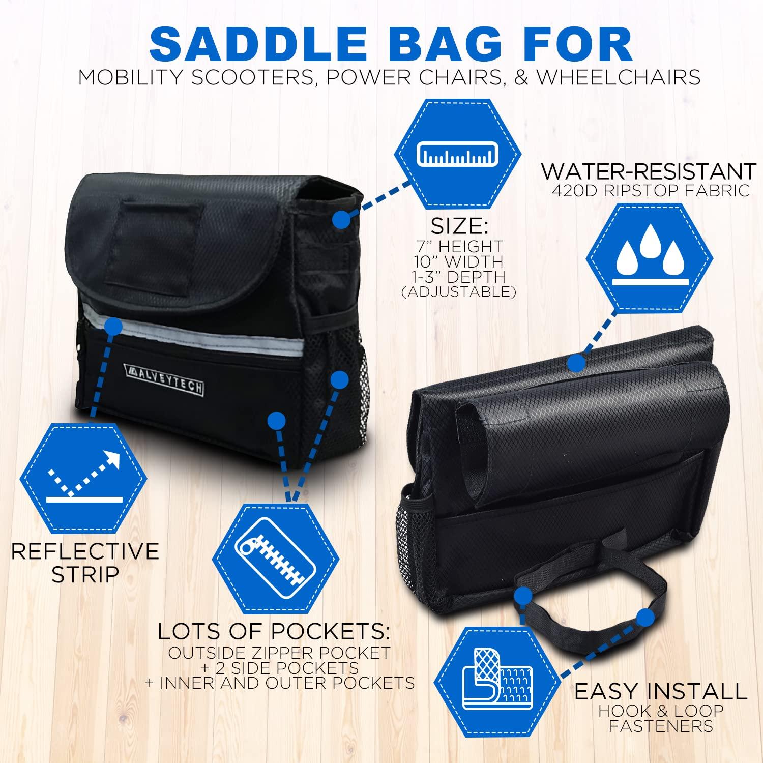 AlveyTech AlveyTech Saddle Bag for Mobility Scooter, Wheelchair, & Power Chair (Small, Black) - Armrest Accessories Holder for Wheelchairs and Electric Scooters, Side Pouch Storage Organizer, Bags for Adults