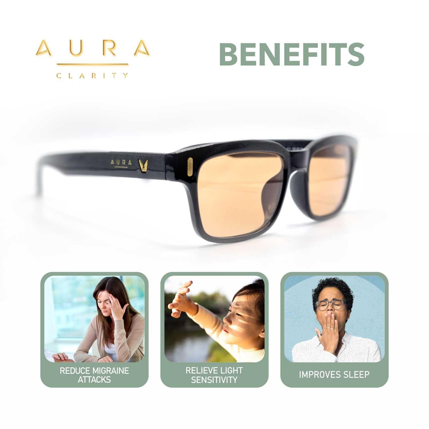 Aura Clarity Aura Clarity Migraine Glasses Blue Light Blocking Glasses FL-41 Light Sensitivity Glasses for Men and Women Ultra-Lightweight and Chic Anti Blue Light Glasses for Computer, Gaming, Outdoor