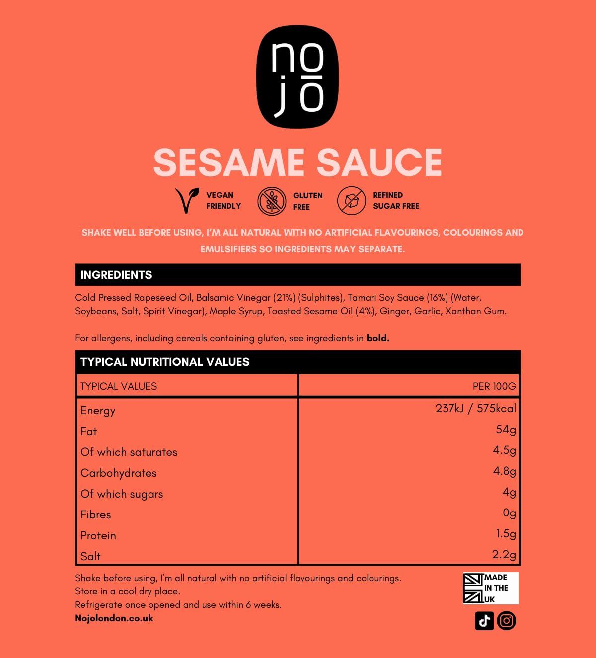 nojo Sesame Sauce with Sesame Oil for Stir Fry, Marinade, or Dressing | Non-GMO & No Added Sugar | Gluten-Free, Nut-Free, Vegan | 200ml x 6 Recycled Glass Bottles I NOJ Sesame Sauce