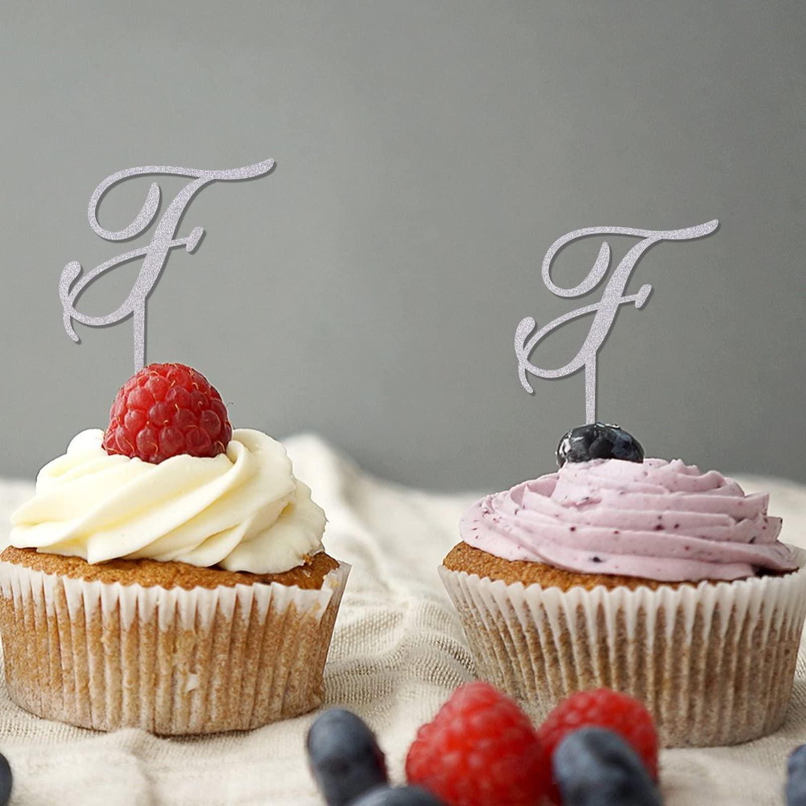 CustonCares Letter F Wedding Cupcake Toppers Monogram Initial Last Name Glitter Silver For Wedding Bridal Shower Party Decor Rustic Antlers Arrow Flower Rose Personalized 26Letters Bachelorette Gifts 24PCS