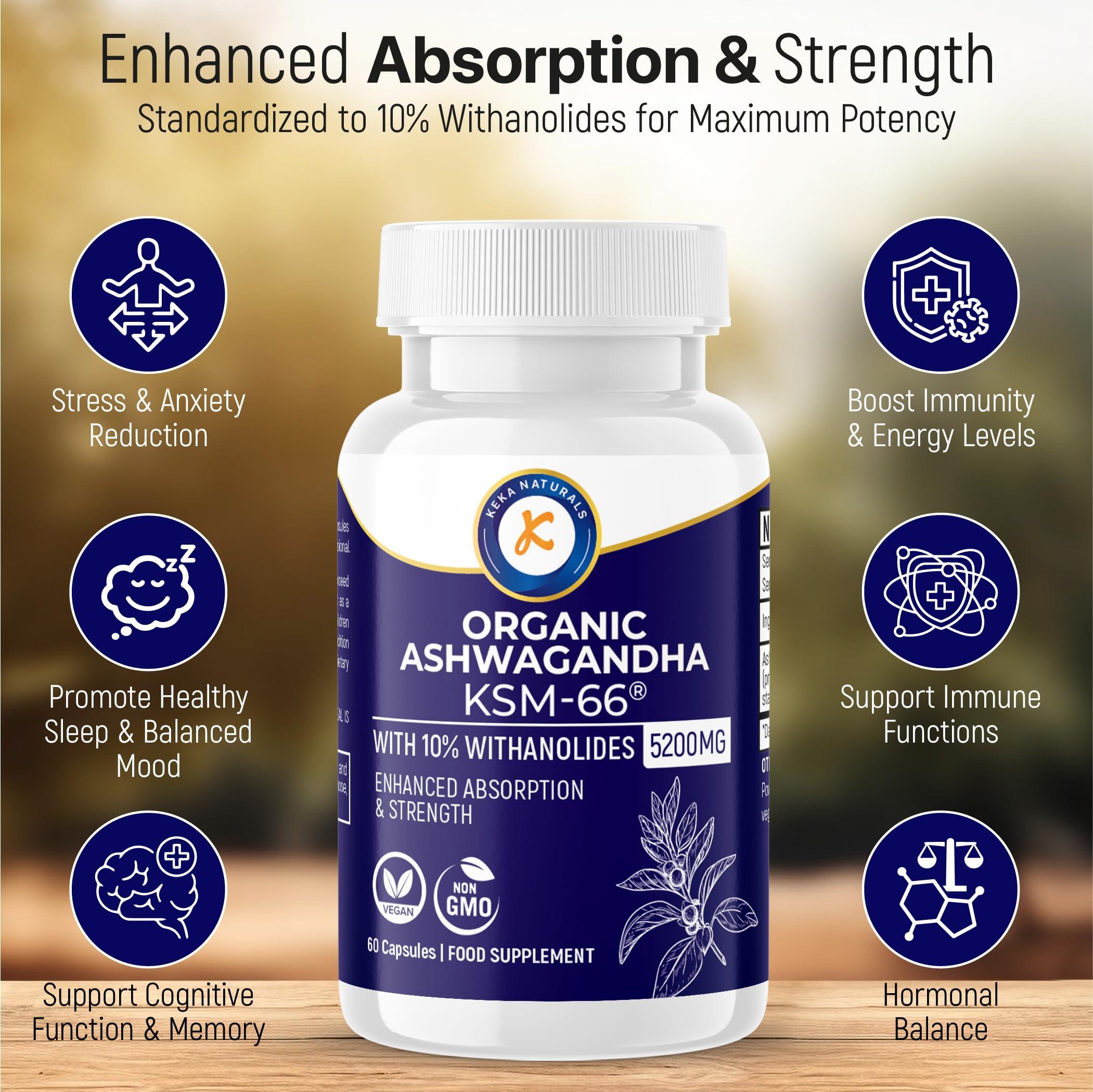 Keka Naturals Ashwagandha KSM-66-5200mg - 10% Withanolides - Enhanced Absorption and High Strength - All Natural, Non-GMO - 60 Vegan Capsules