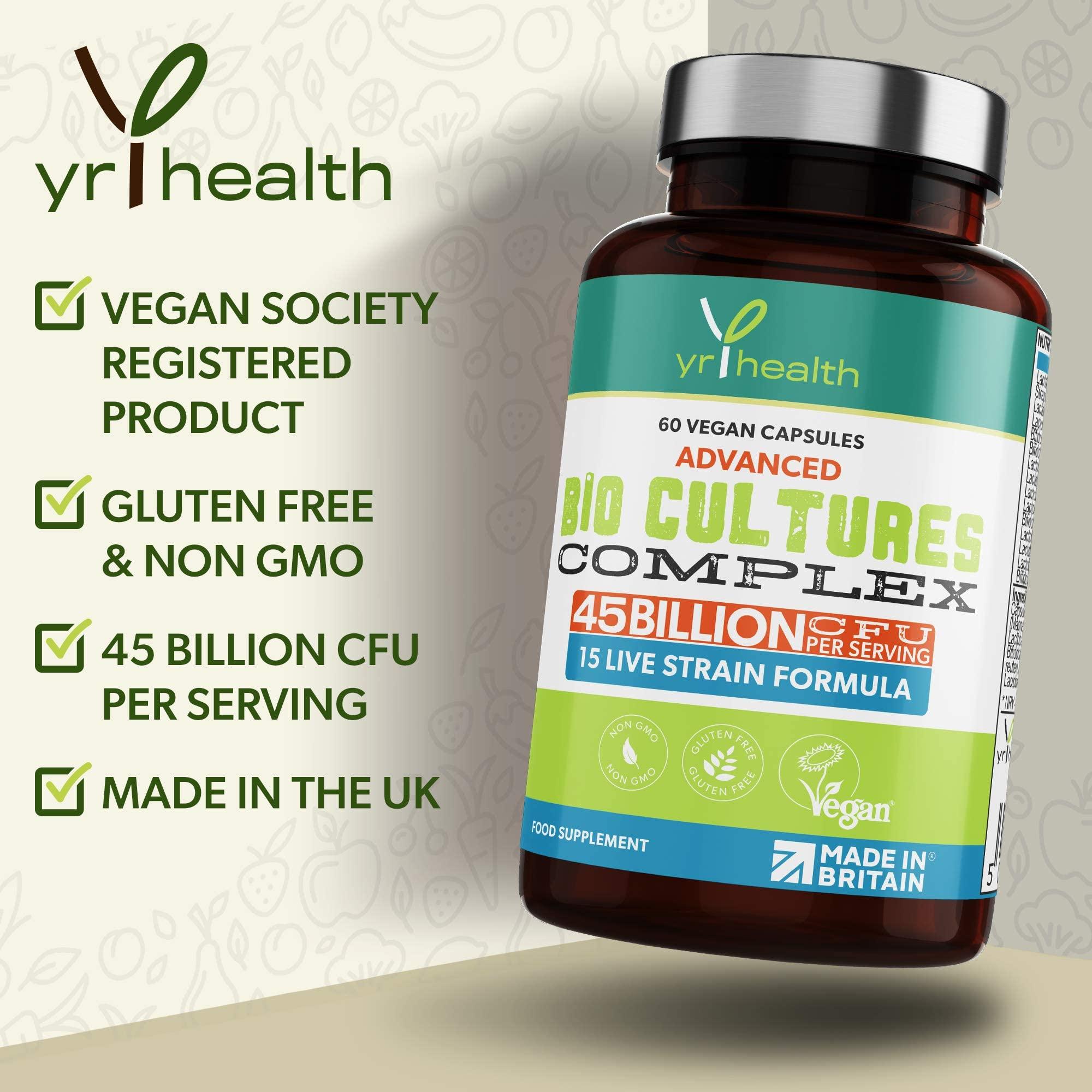 yrhealth Vegan Bio Cultures Complex - 45 Billion CFU, 15 Active Bacteria Strains - Maximum Strength Multi Strain Complex - Probiotics Women Gut Health and Men, 60 Capsules - Made in The UK by YrHealth