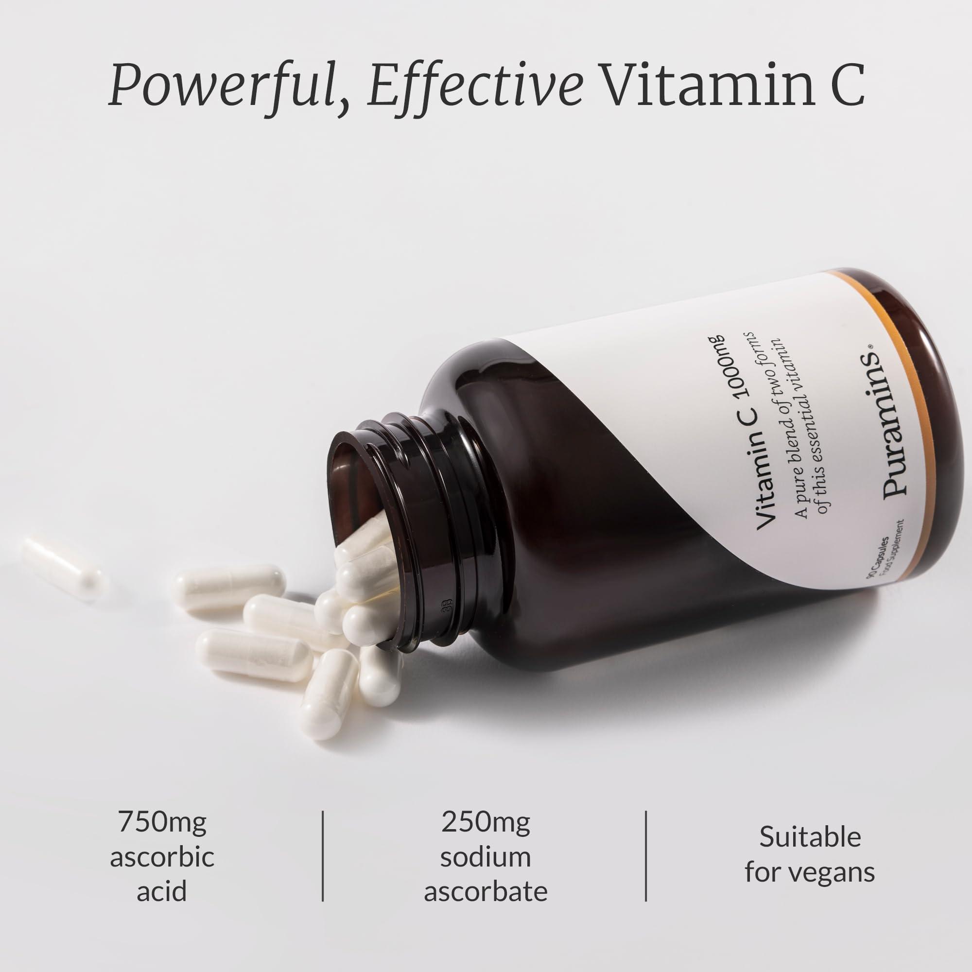 puramins Vitamin C 1000mg, Pure High Strength Vitamin C Capsules with No Additives, Fillers or Binders, Ascorbic Acid and Sodium Ascorbate Powder Complex Supplement, 90 Vegan Capsules, Made in UK by Puramins