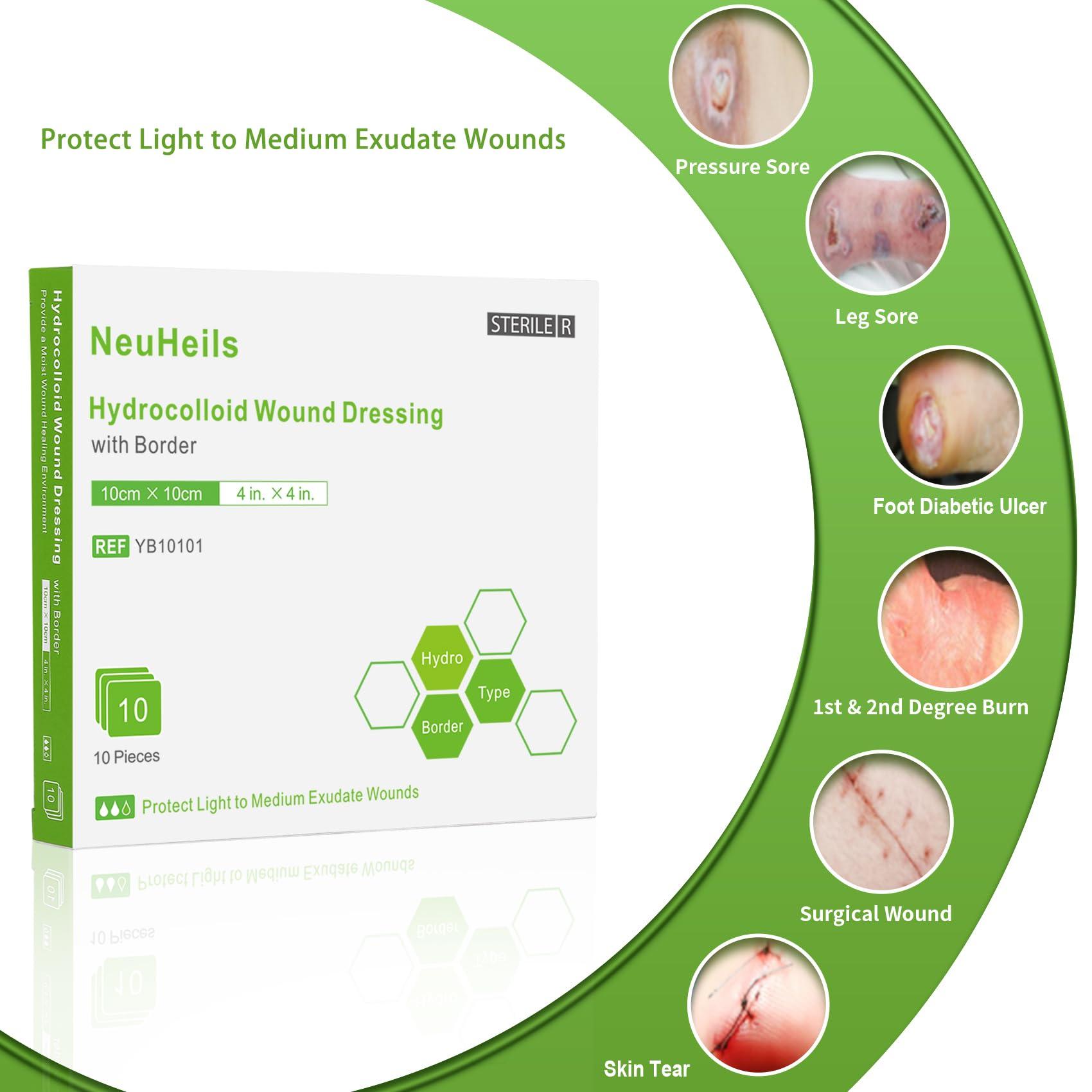 NEUHEILS Hydrocolloid Bandages Hydrocolloid Wound Dressing with Border 4''x4'' for Light to Medium Exudate Wounds, Bed Sore, Pressure Ulcer, Minor Burns, Abrasions, Cuts, Superficial Wound 10 Packs by NeuHeils