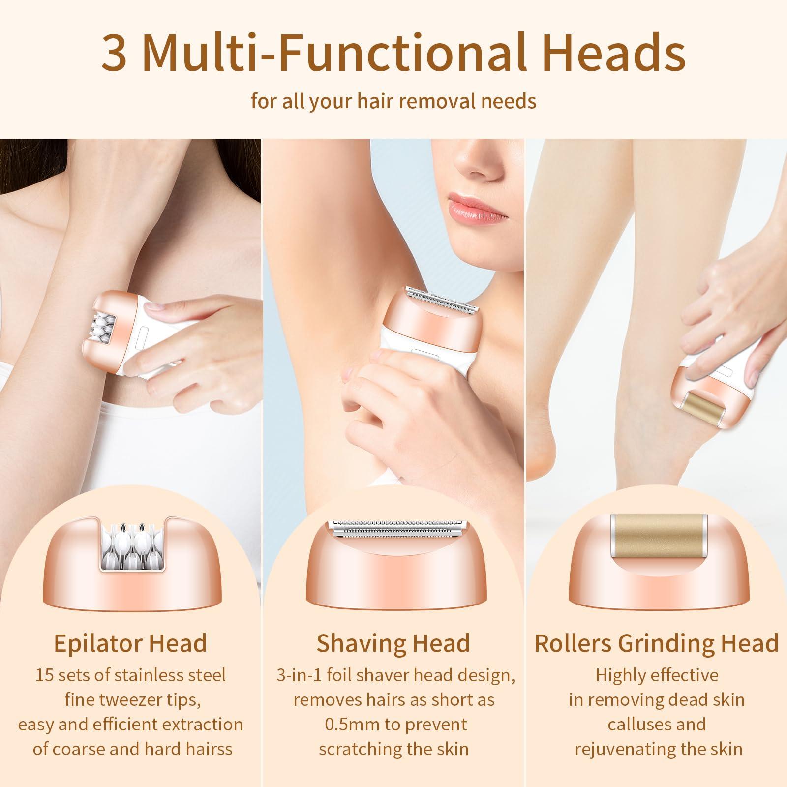 HaetFire Epilator for Women, Face Hair Epilator for Women, Portable 2 Speed Electric Lady Shaver Epilator, 3 in 1 Epilator Hair Removal with Hair Removal Device, Foot File, Lady Bikini Razor for Arm Leg Body