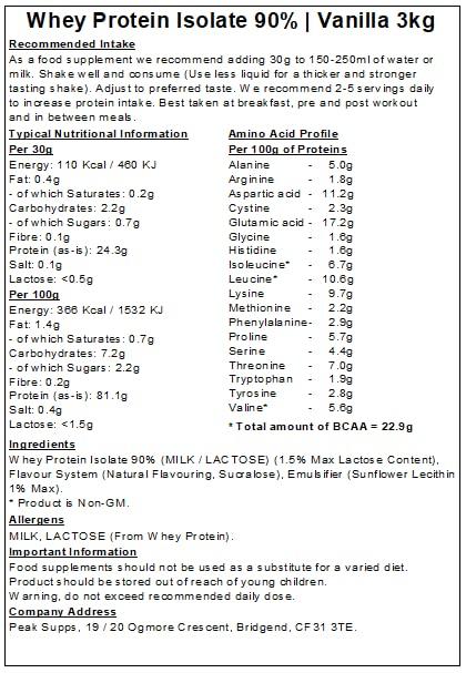 Peak Supps Whey Protein Isolate 90% - All Flavours (Vanilla, 3kg)